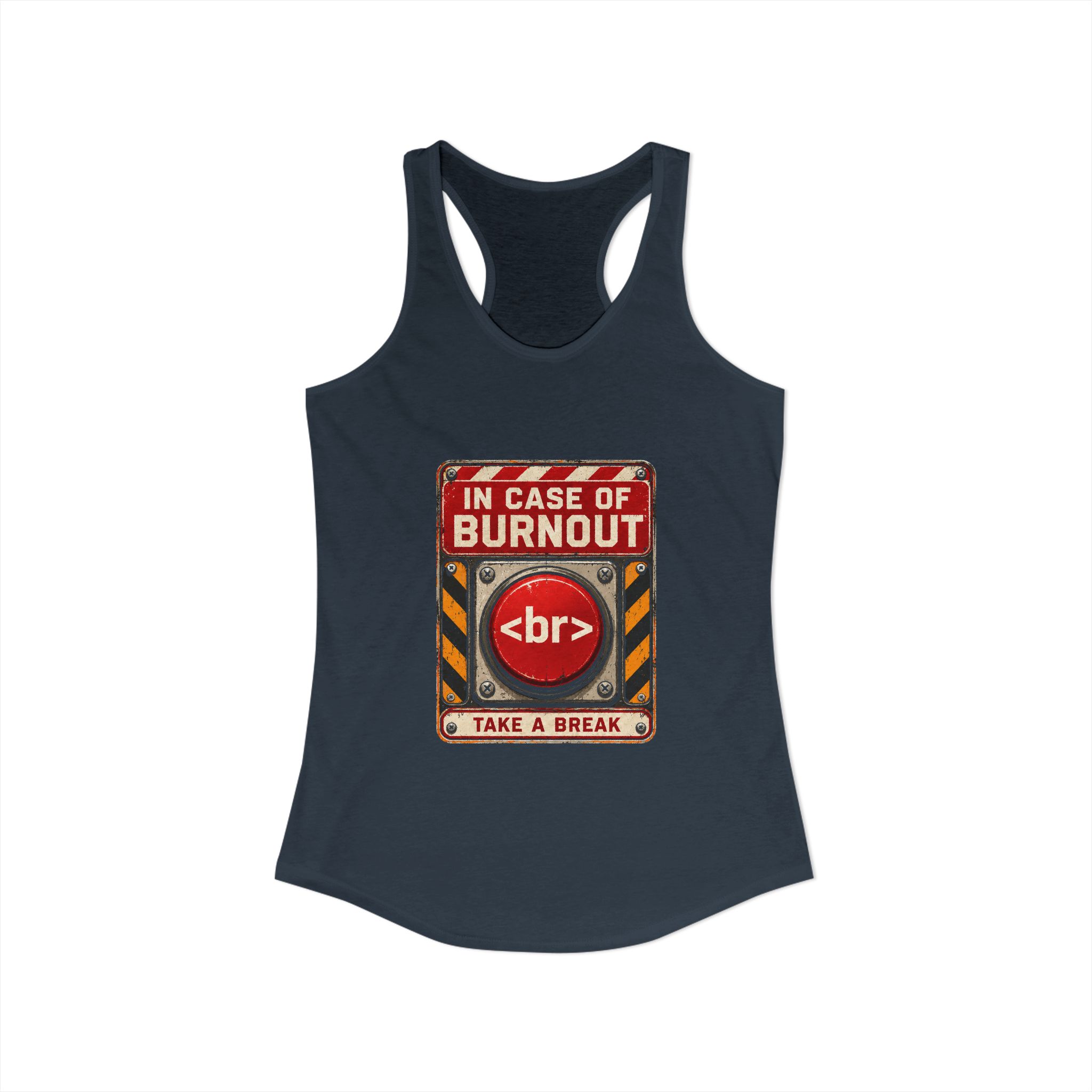 In Case of Burnout women's racerback tank in Solid Indigo, front view