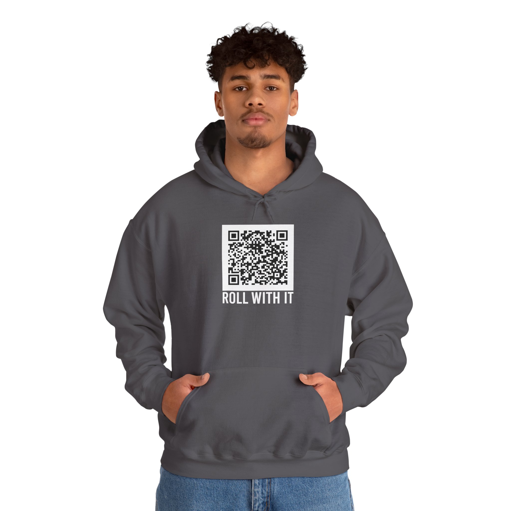 Roll With It QR Code hoodie in Charcoal, worn by a model, second view