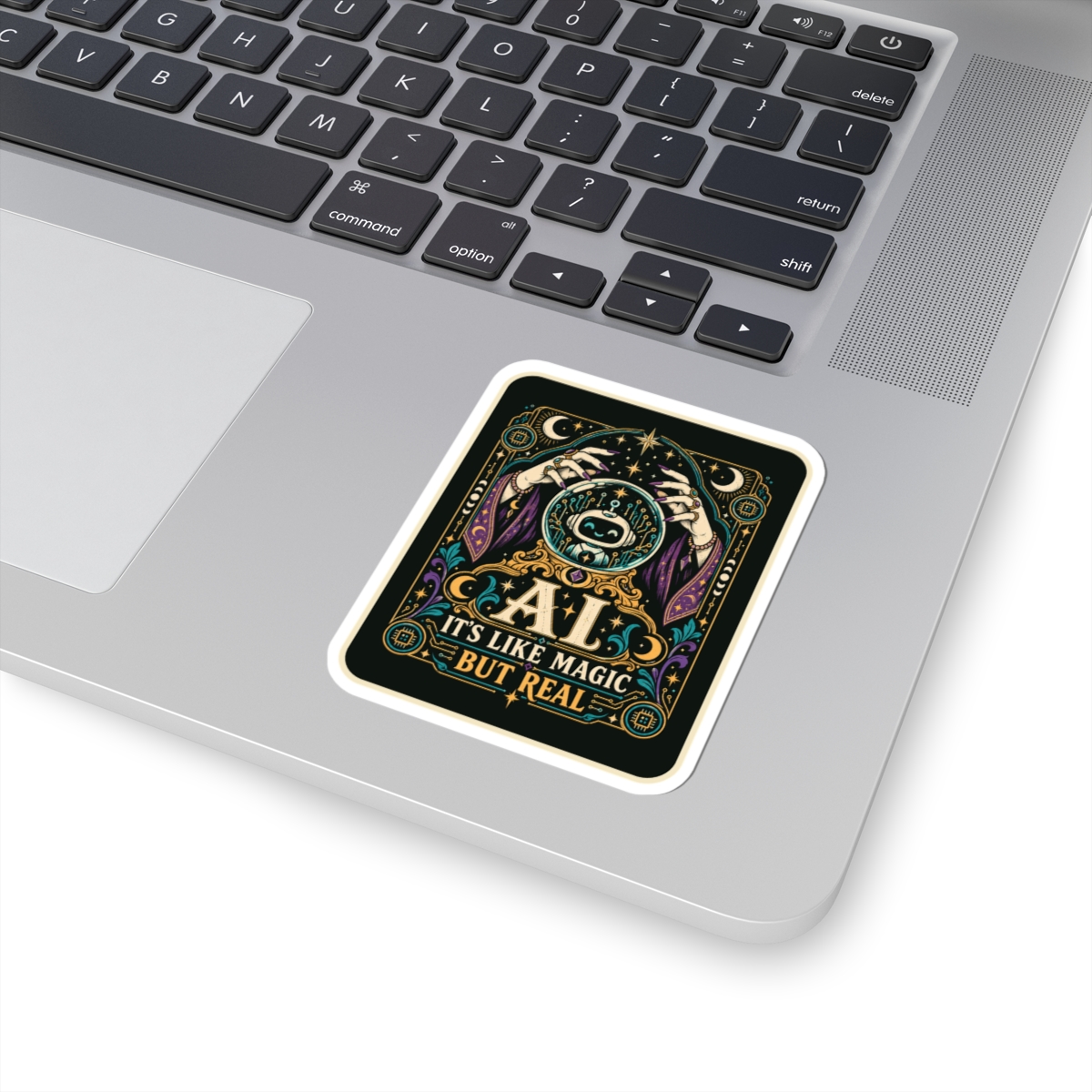 AI Magic Crystal Ball sticker, 3 inch, on a laptop