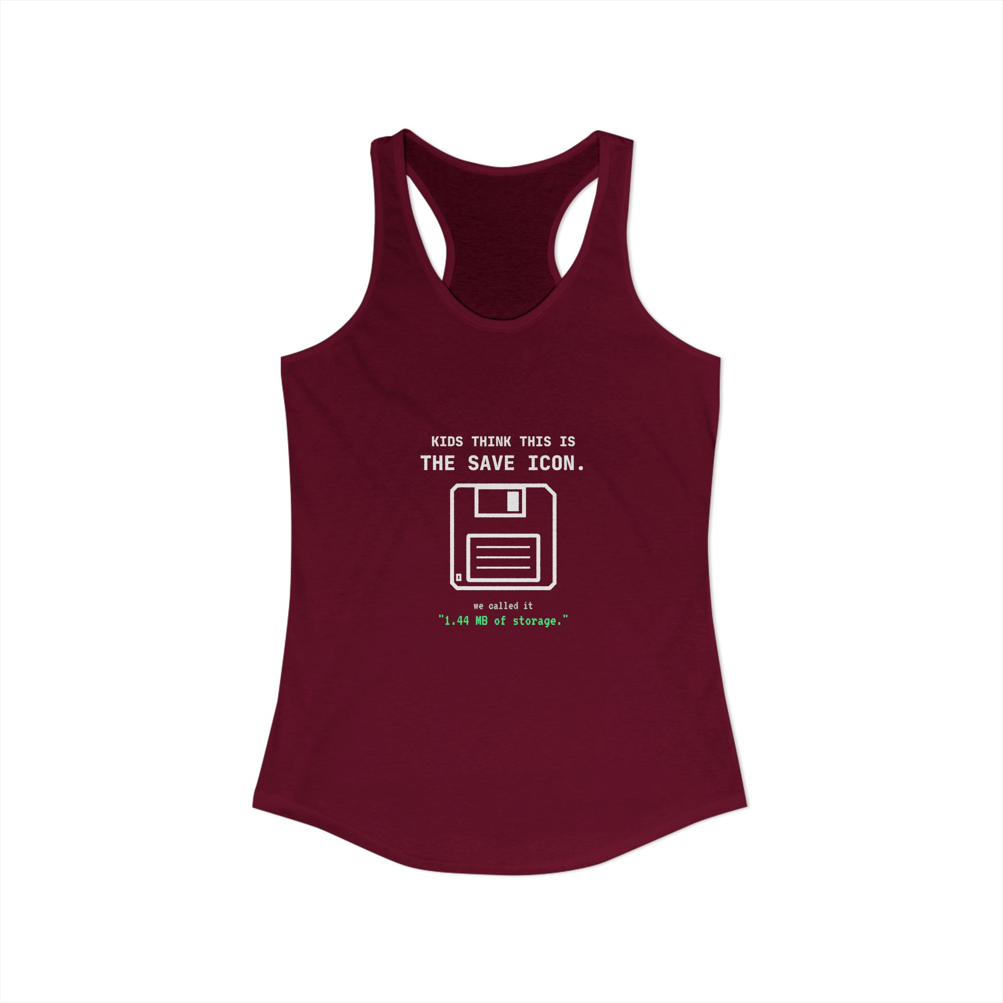 The Original Save Icon women's racerback tank in Solid Cardinal Red, front view