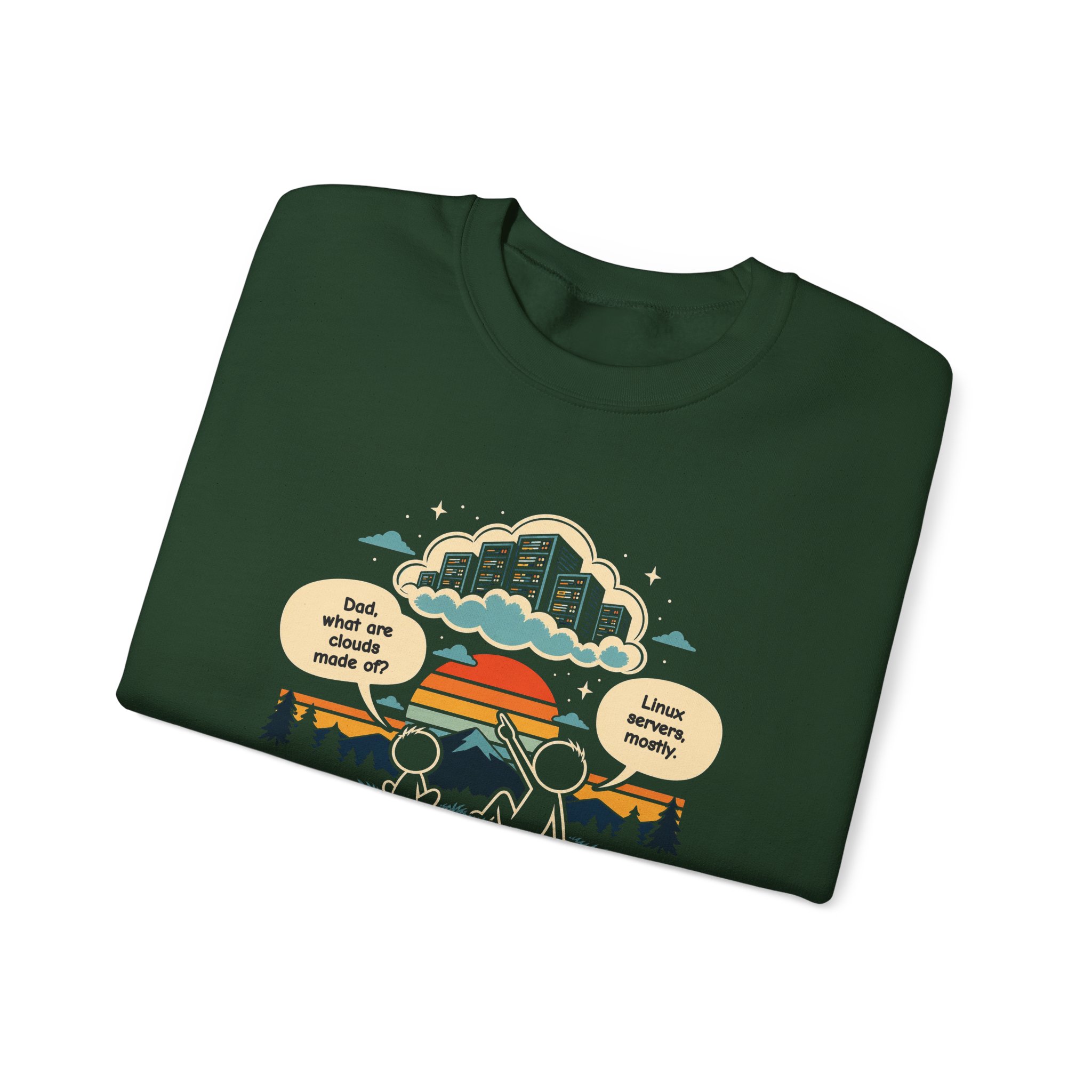 Linux Clouds crewneck sweatshirt in Forest Green, folded