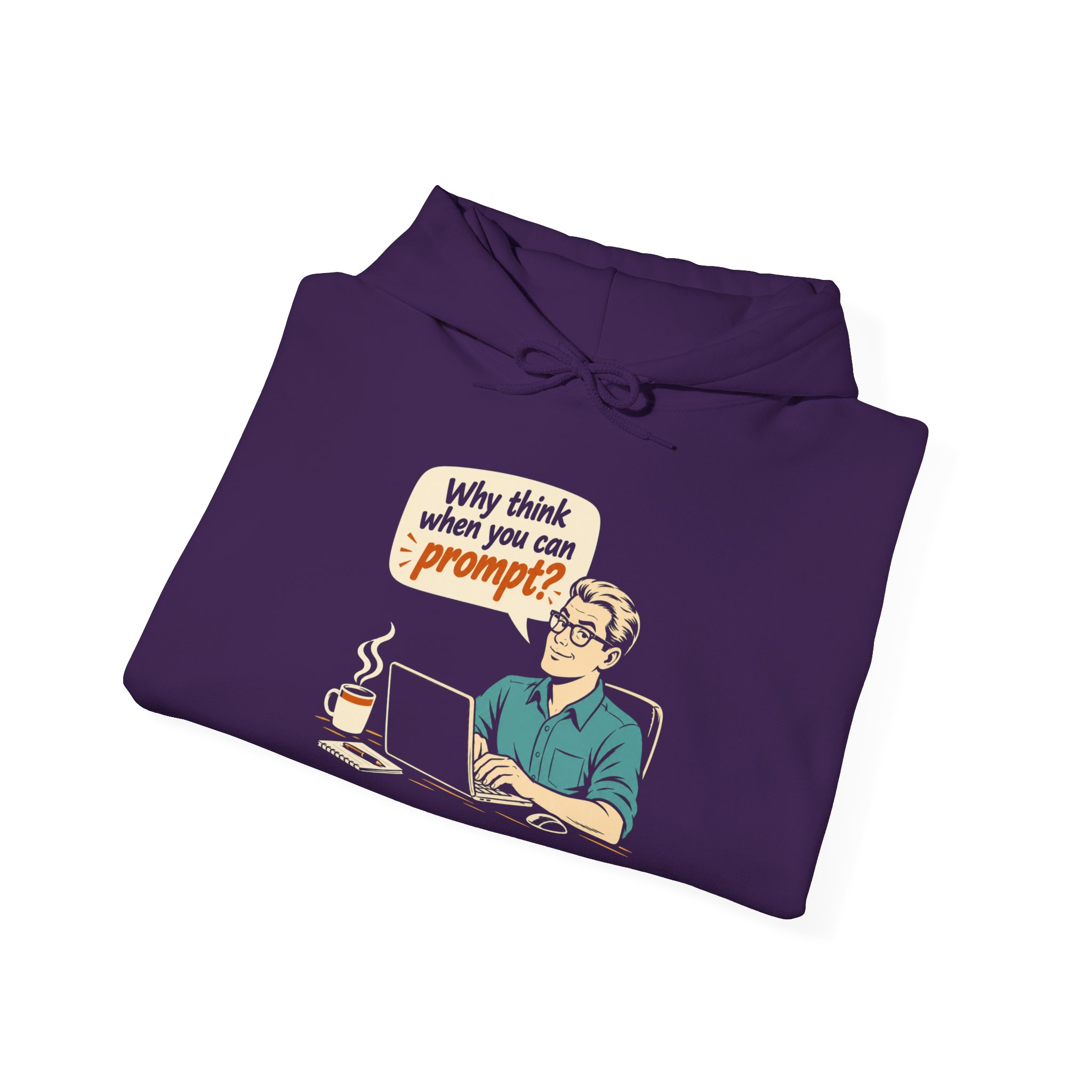Why Think When You Can Prompt hoodie in Purple, folded
