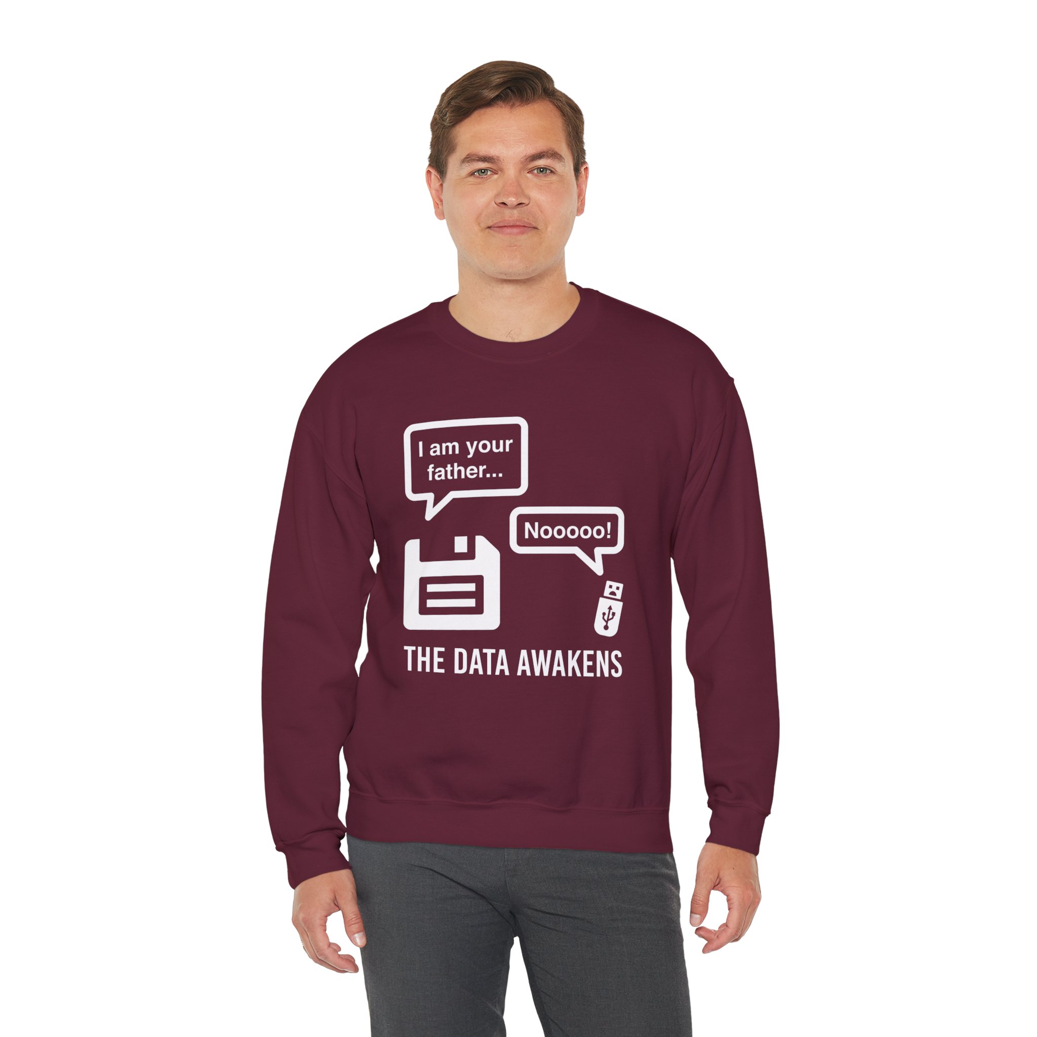 The Data Awakens crewneck sweatshirt in Maroon, worn by a model, third view