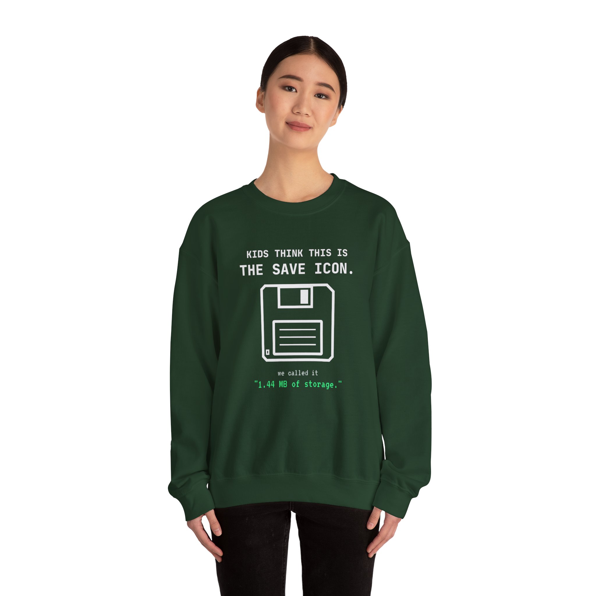 The Original Save Icon crewneck sweatshirt in Forest Green, worn by a model