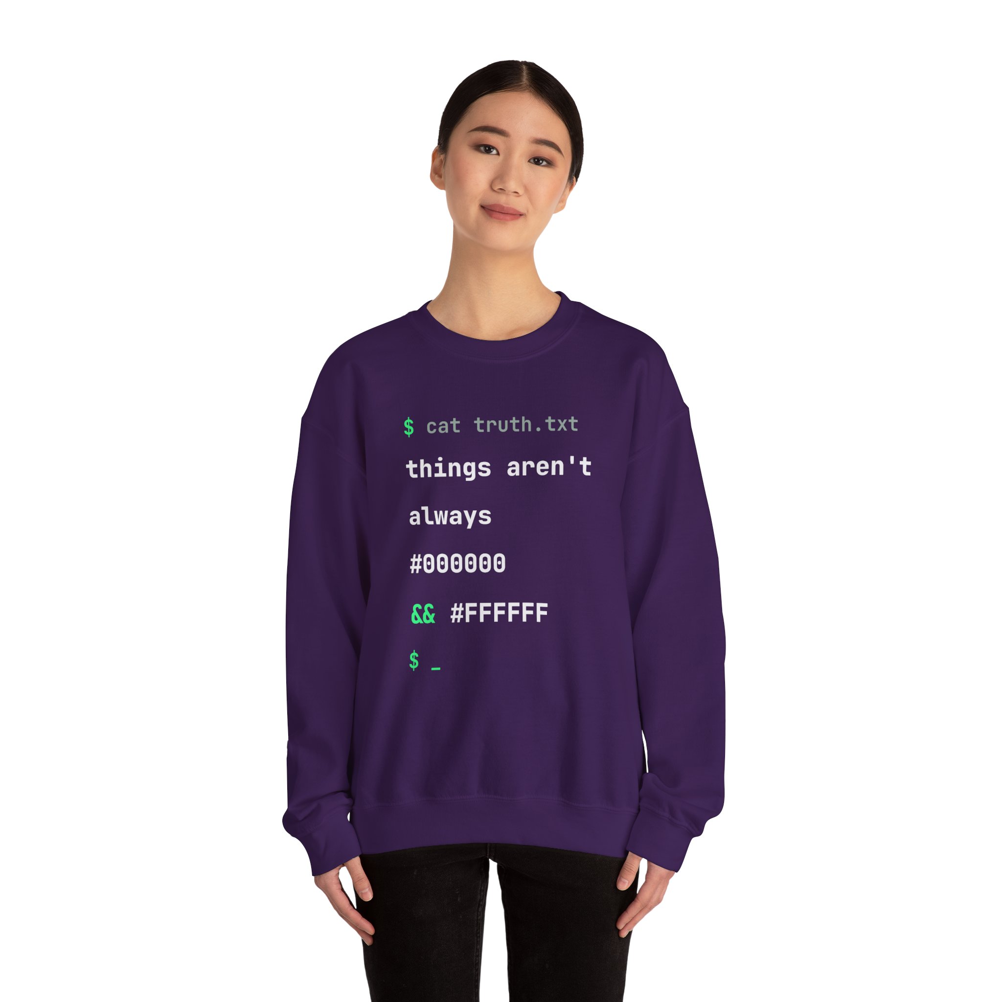 cat truth.txt crewneck sweatshirt in Purple, worn by a model