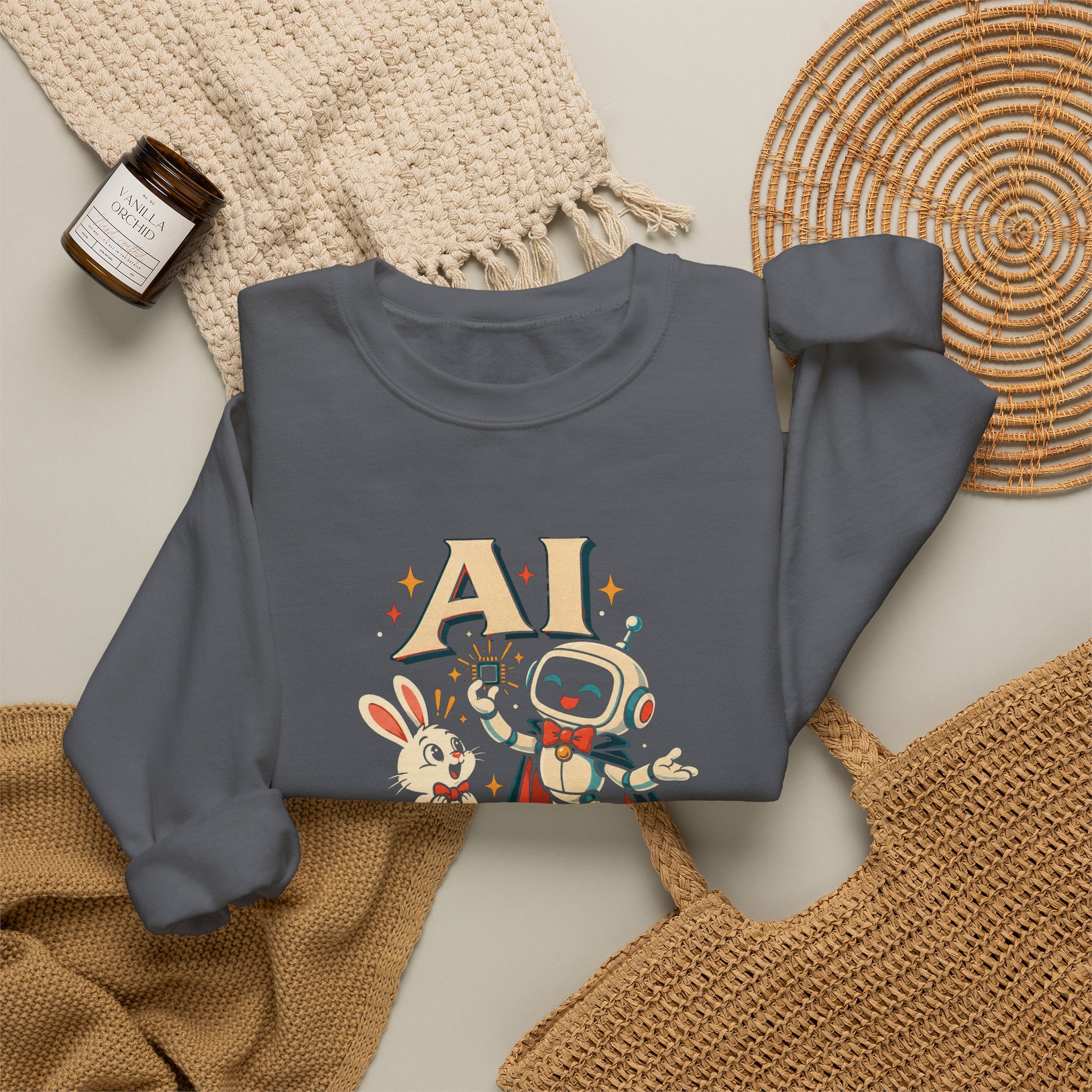 AI Magic Bunny crewneck sweatshirt in Charcoal, folded 2