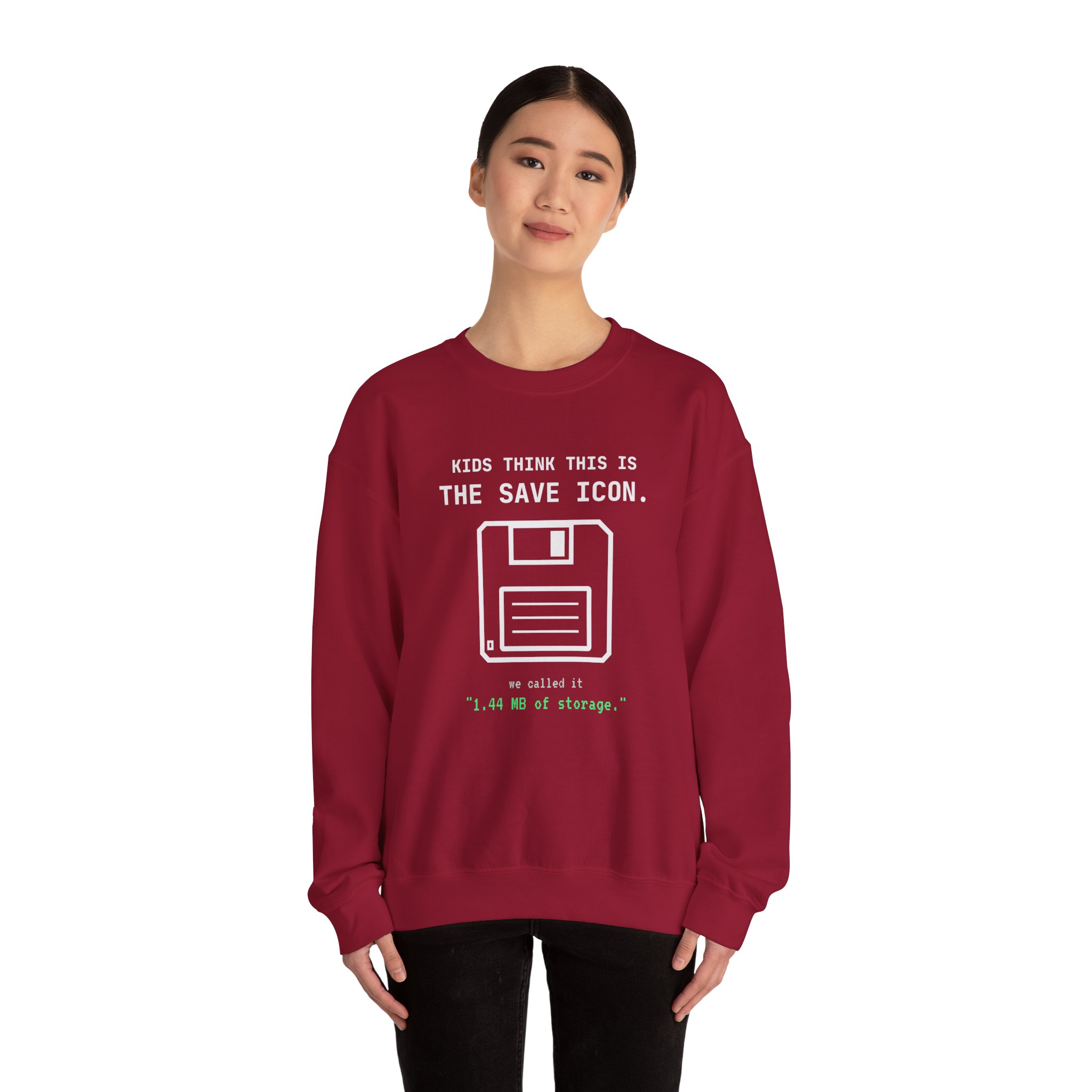 The Original Save Icon crewneck sweatshirt in Cardinal Red, worn by a model