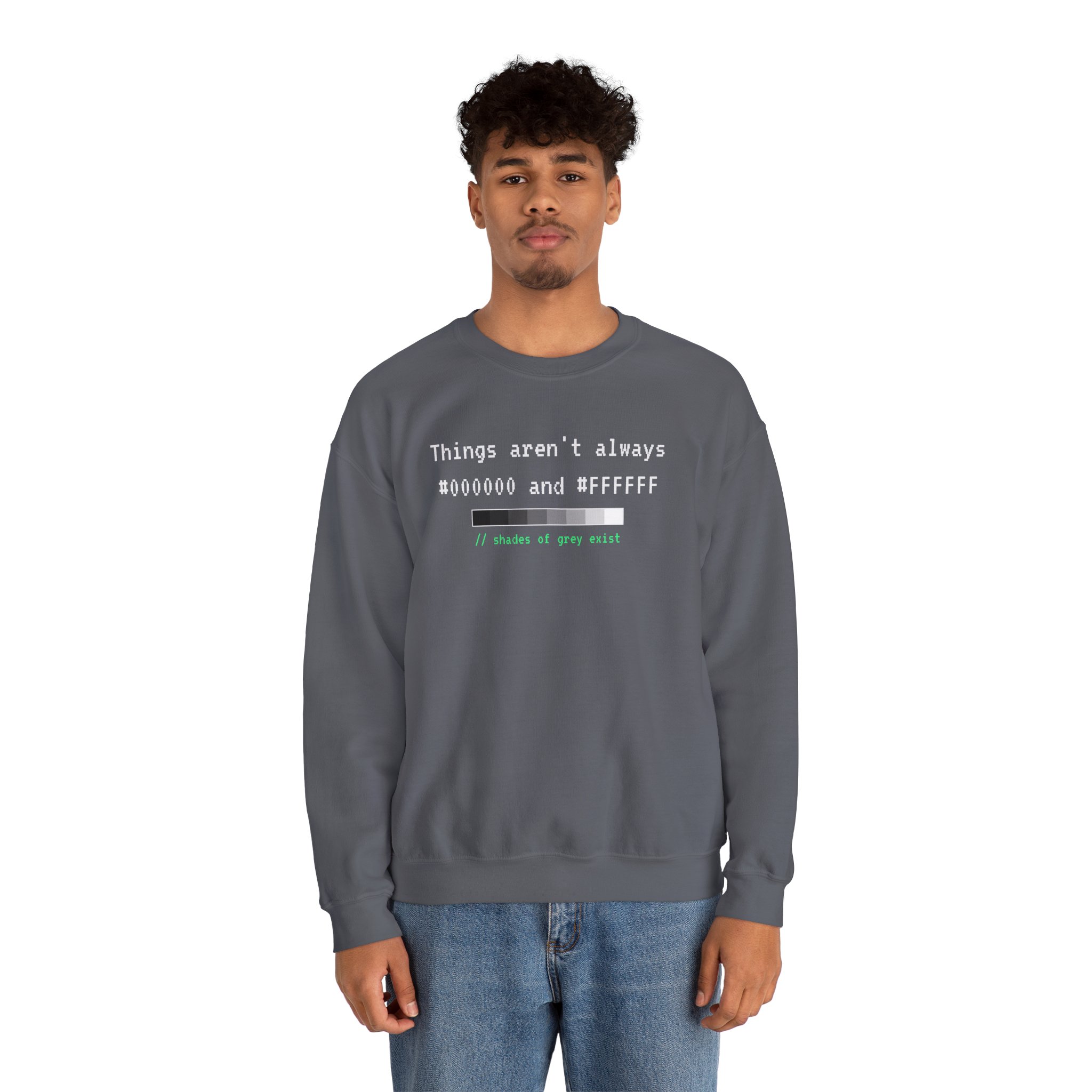 Shades of Grey Exist crewneck sweatshirt in Charcoal, worn by a model, second view
