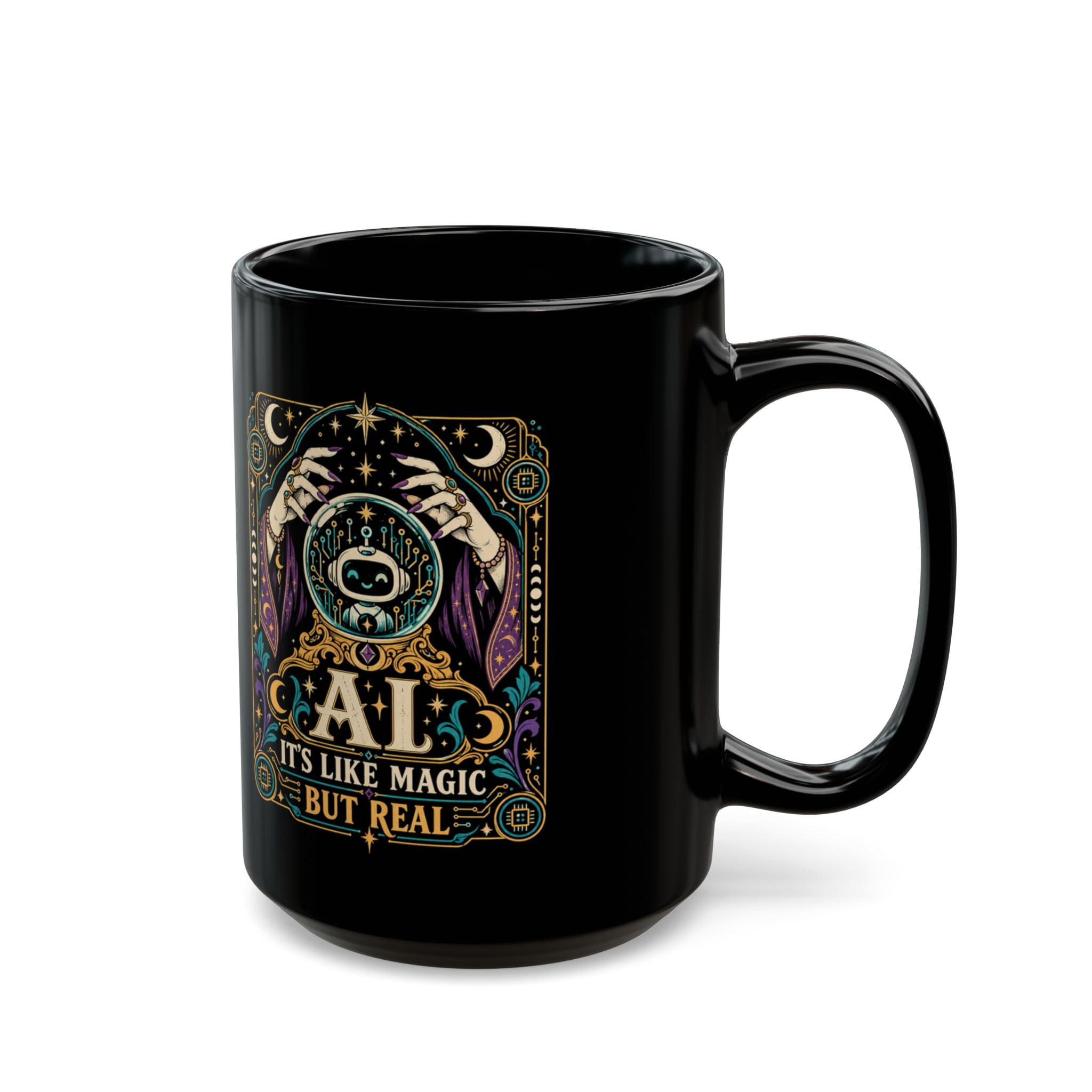 AI Magic Crystal Ball black mug, 15 oz, right side