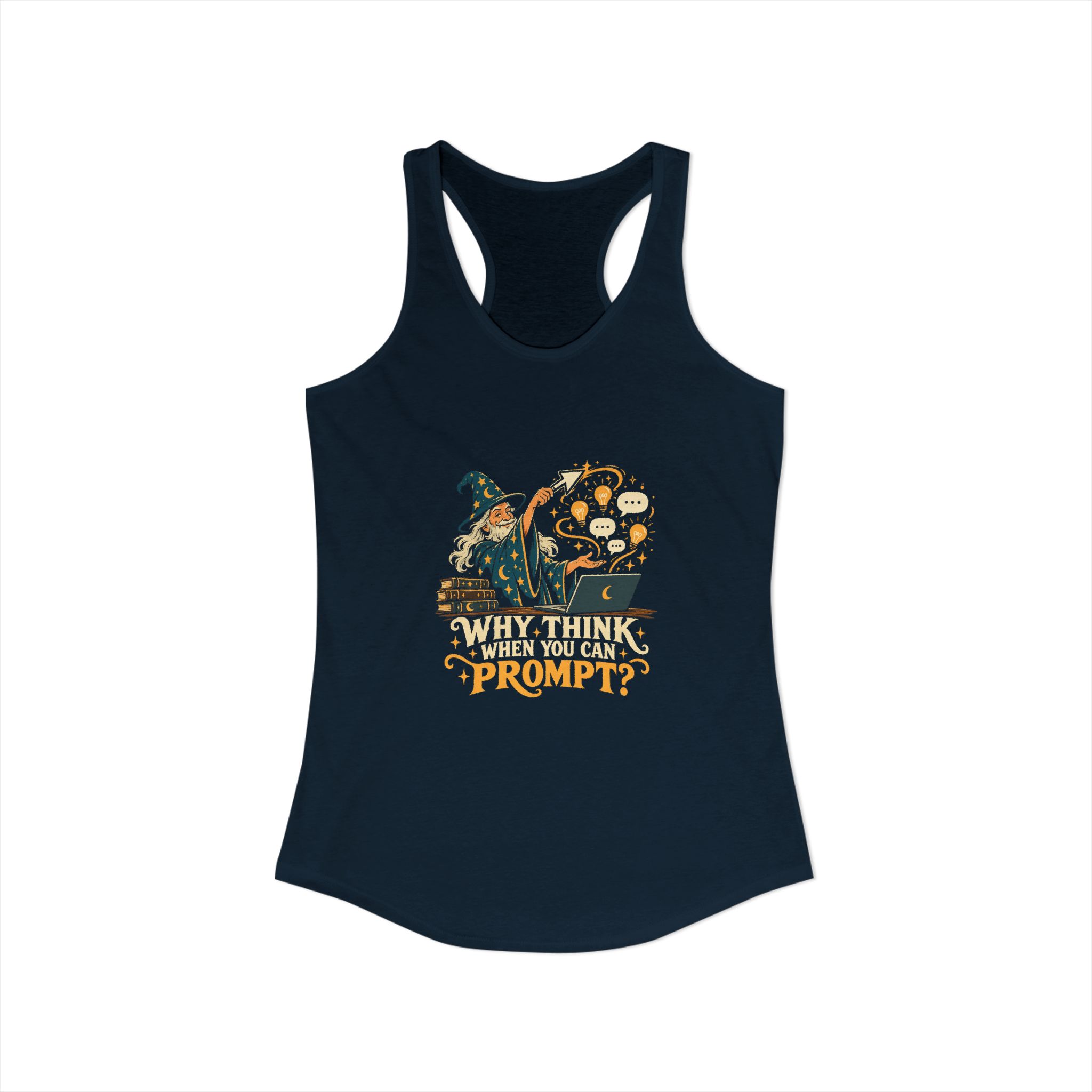 Prompt Wizard women's racerback tank in Solid Midnight Navy, front view