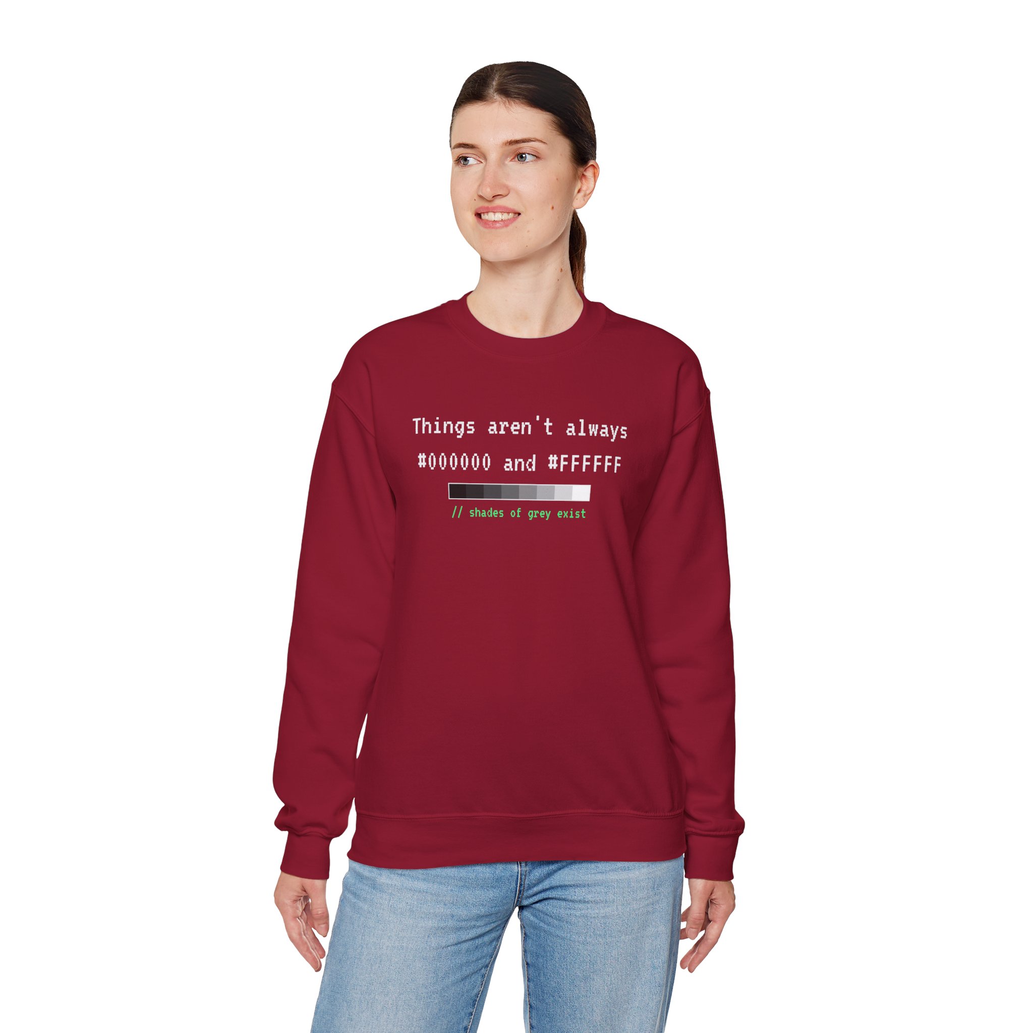 Shades of Grey Exist crewneck sweatshirt in Cardinal Red, worn by a model, fourth view