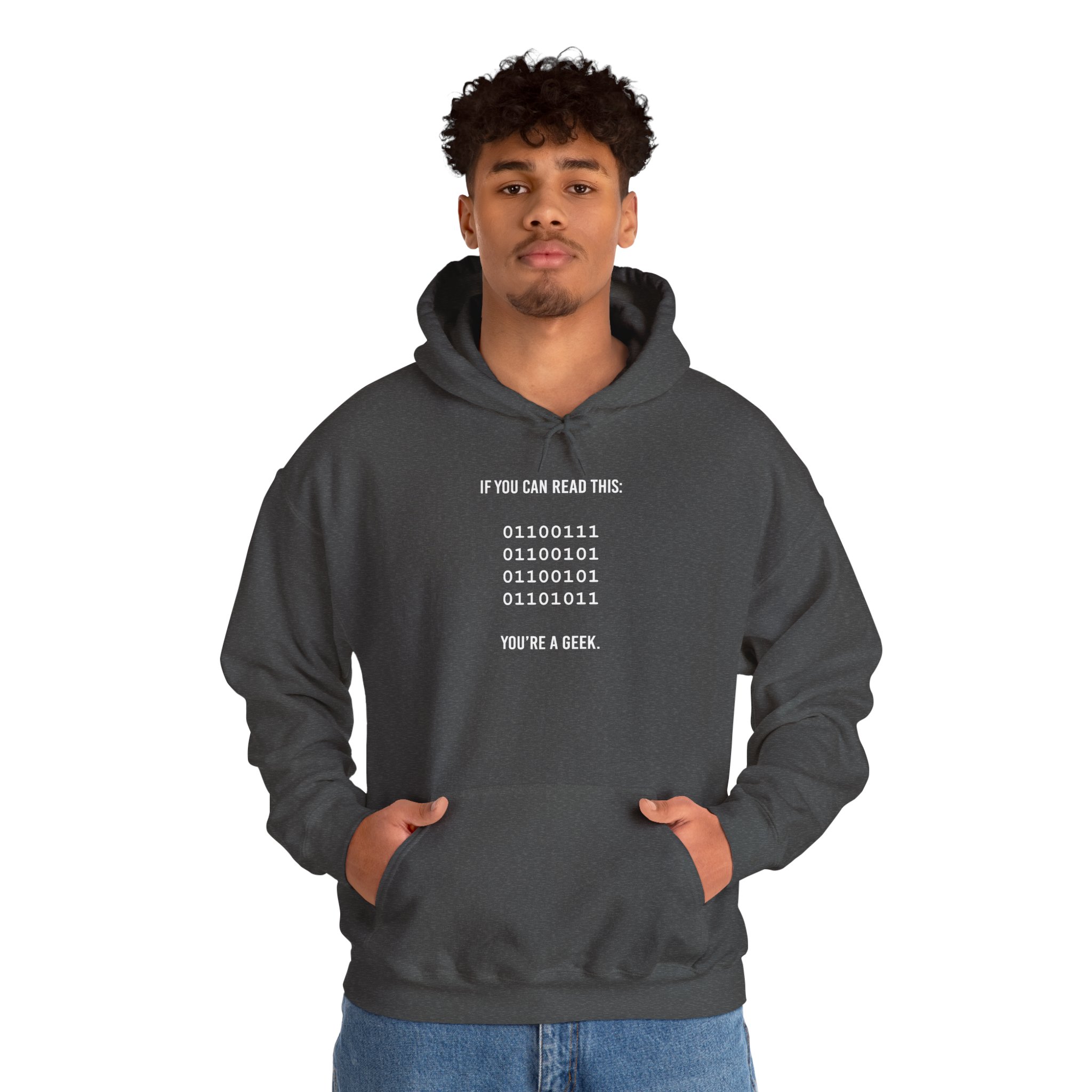 Geek Binary Code hoodie in Dark Heather, worn by a model, second view