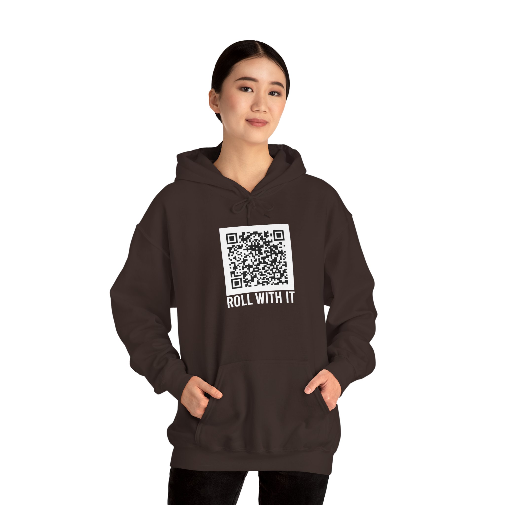 Roll With It QR Code hoodie in Dark Chocolate, worn by a model
