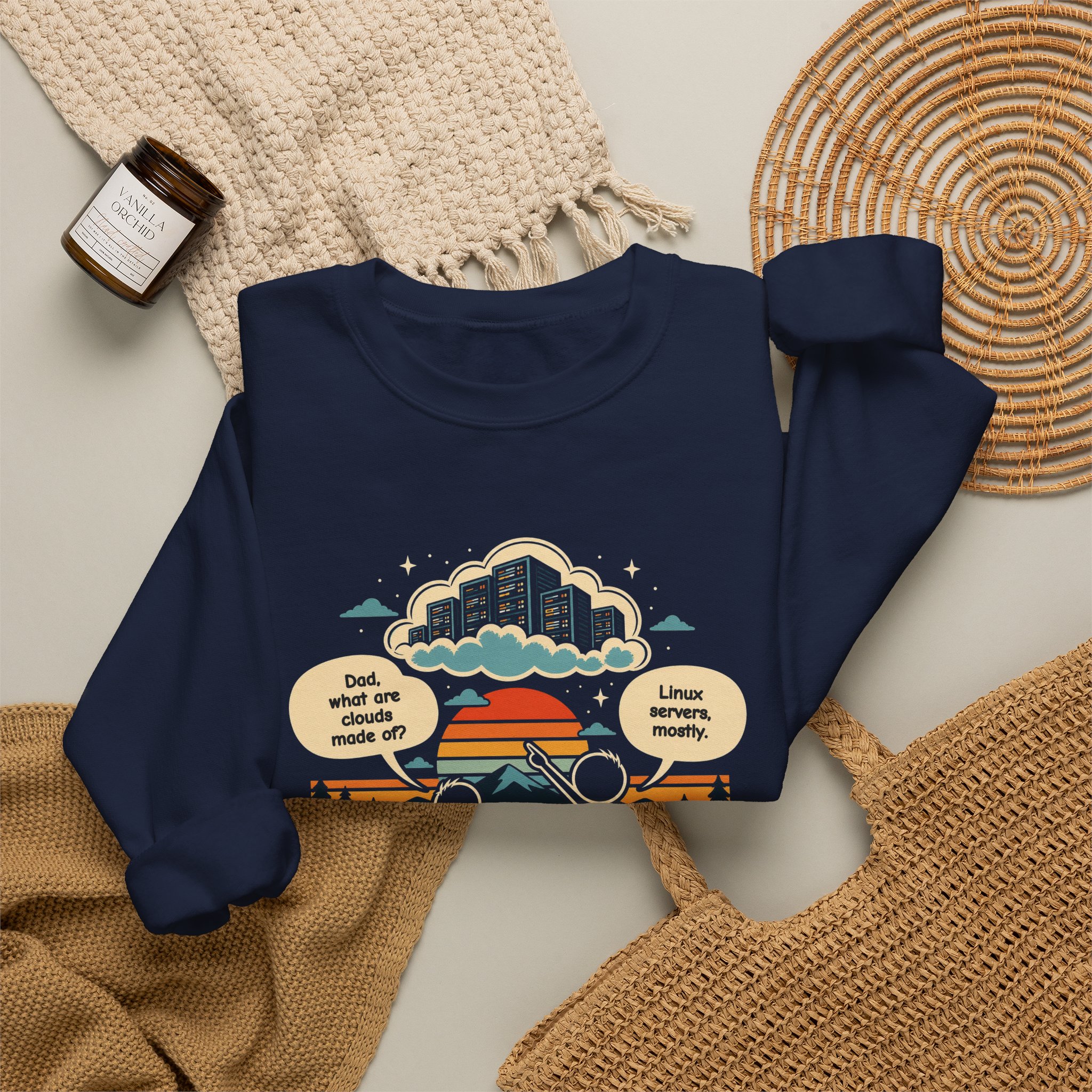 Linux Clouds crewneck sweatshirt in Navy, folded 2