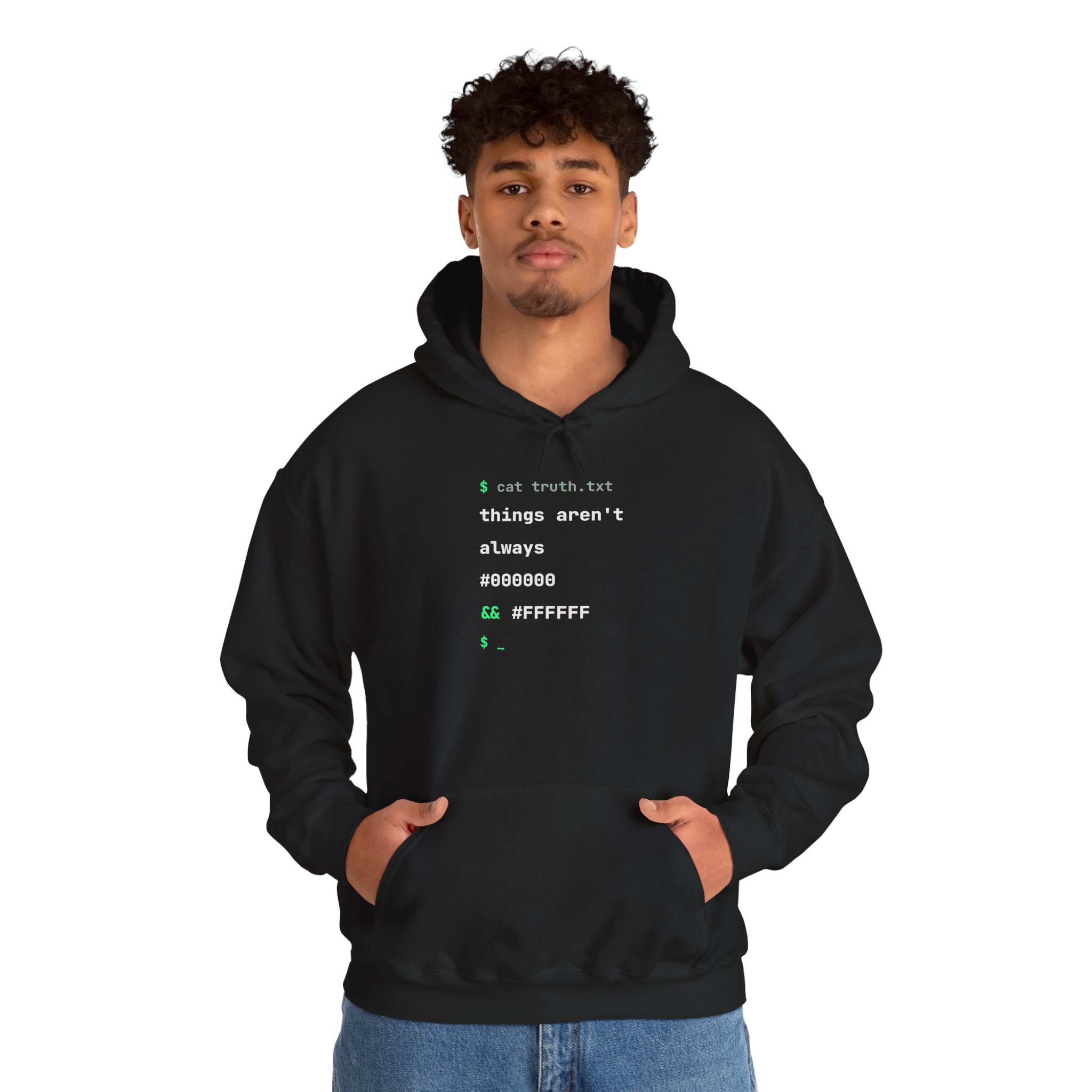 cat truth.txt hoodie in Black, worn by a model, second view