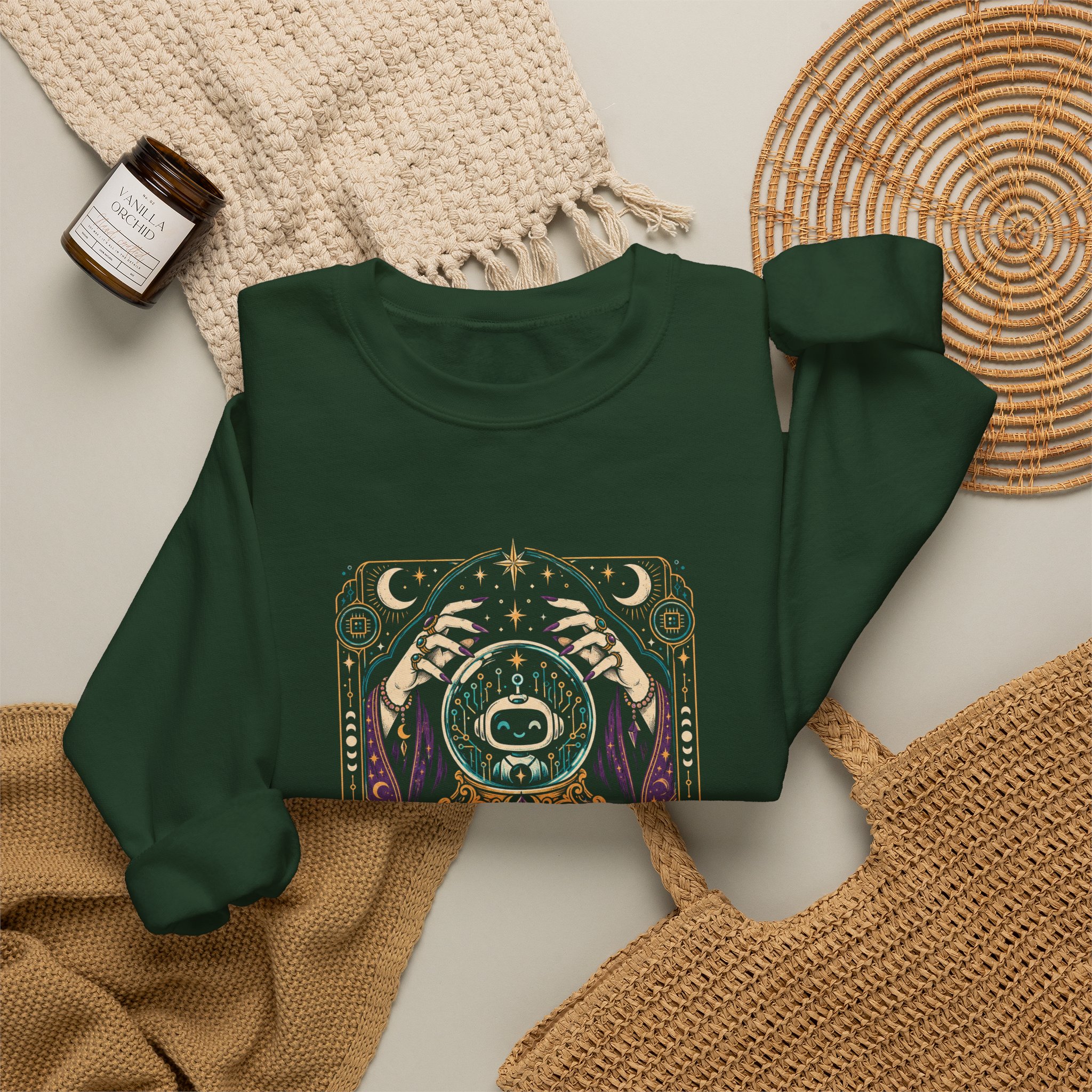 AI Magic Crystal Ball crewneck sweatshirt in Forest Green, folded 2