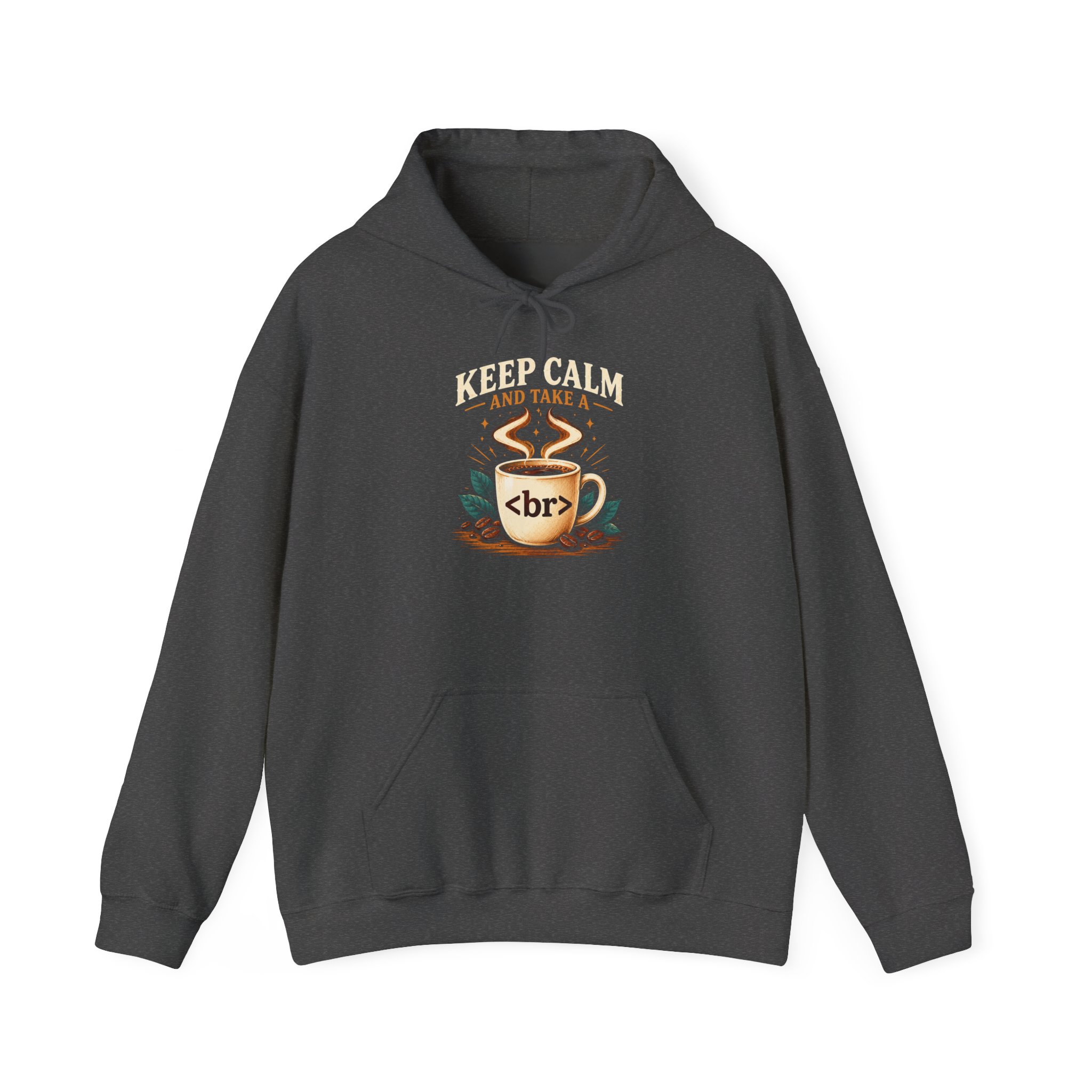 Keep Calm Coffee Break hoodie in Dark Heather, front view