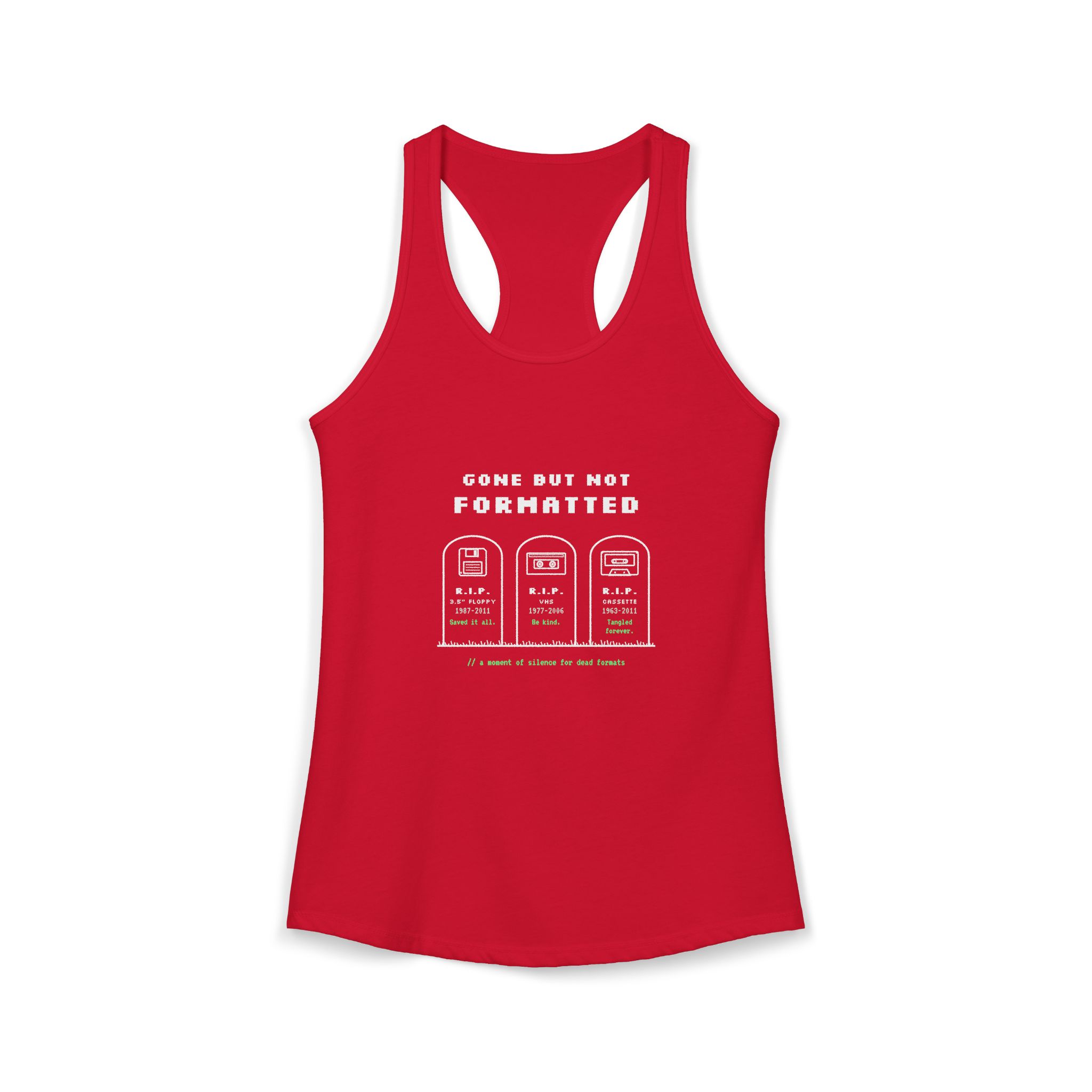 Gone But Not Formatted women's racerback tank in Solid Red, front 2