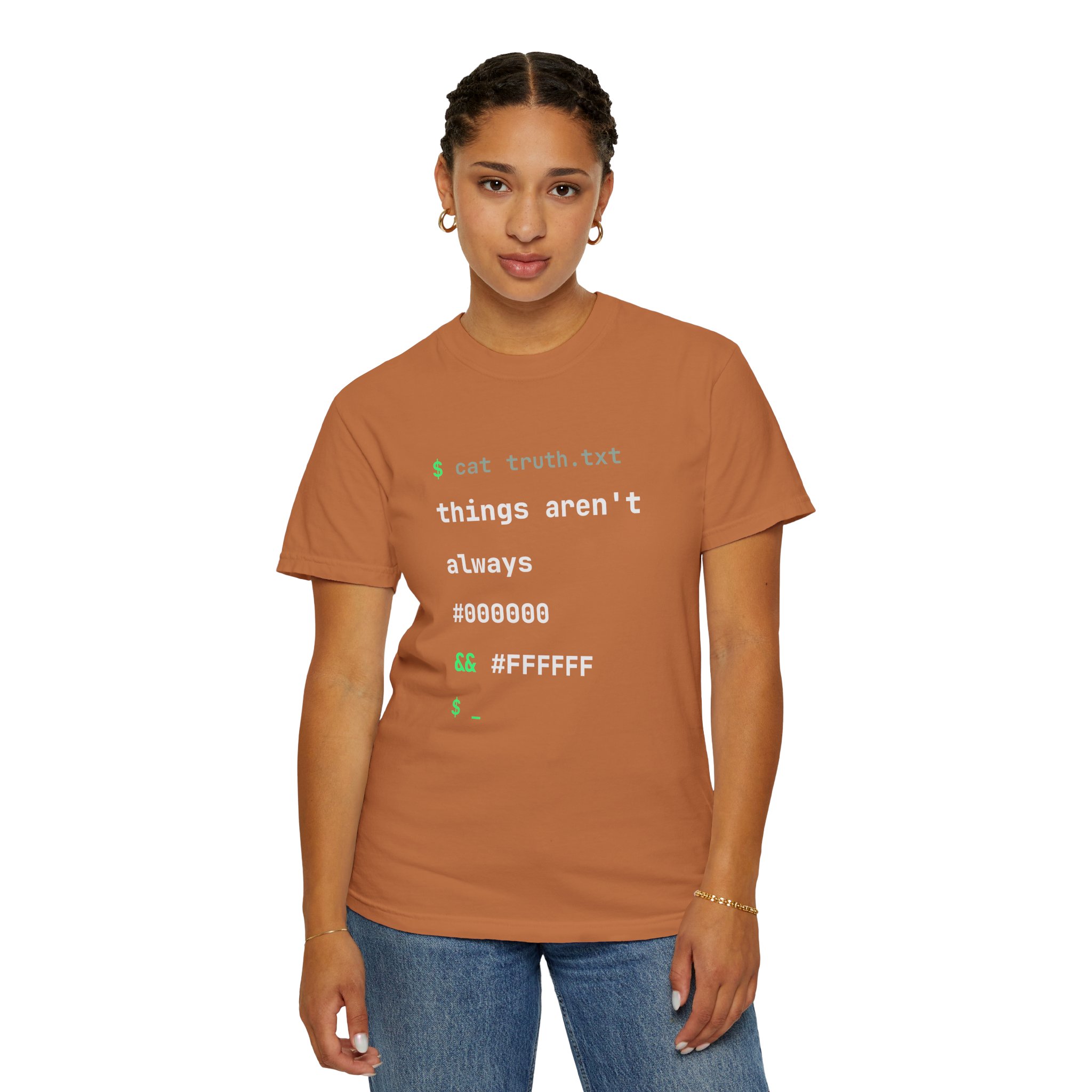 cat truth.txt T-shirt in Yam, worn by a woman, second model
