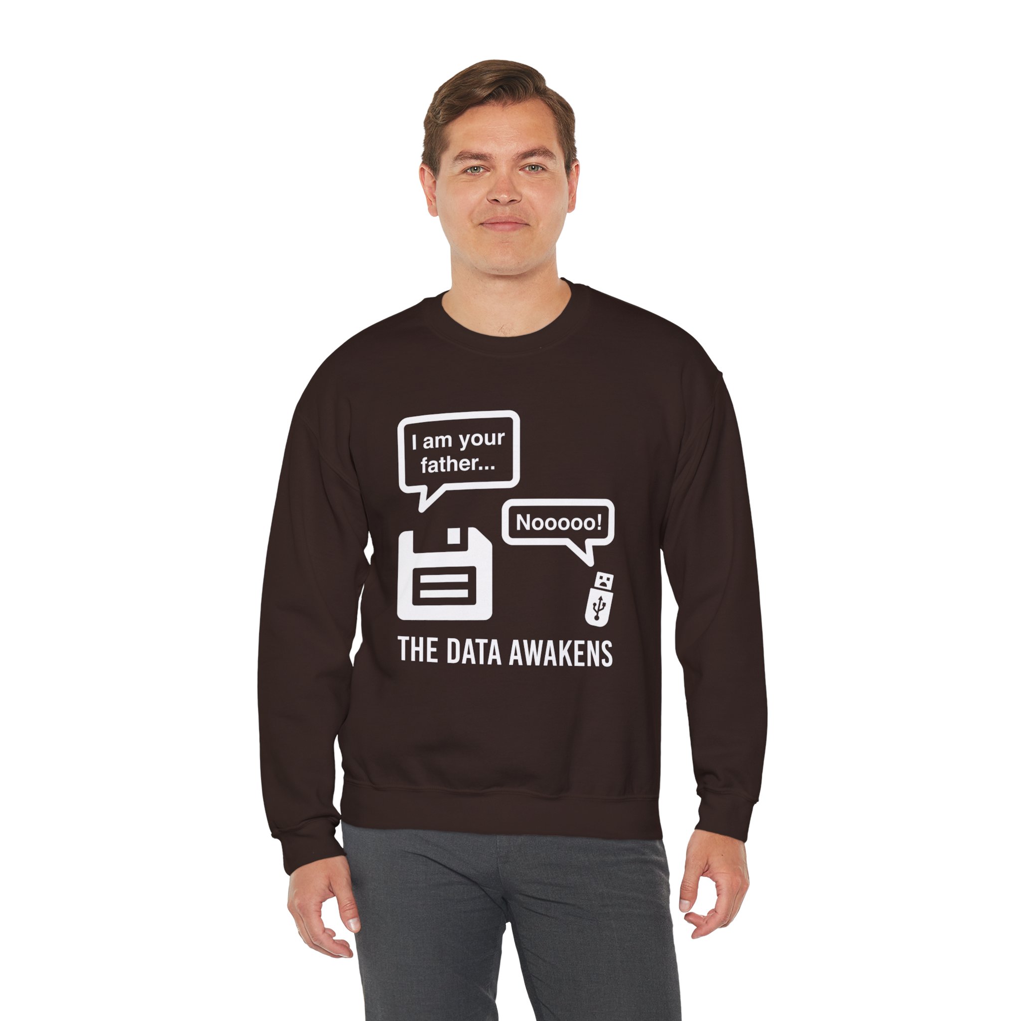 The Data Awakens crewneck sweatshirt in Dark Chocolate, worn by a model, third view