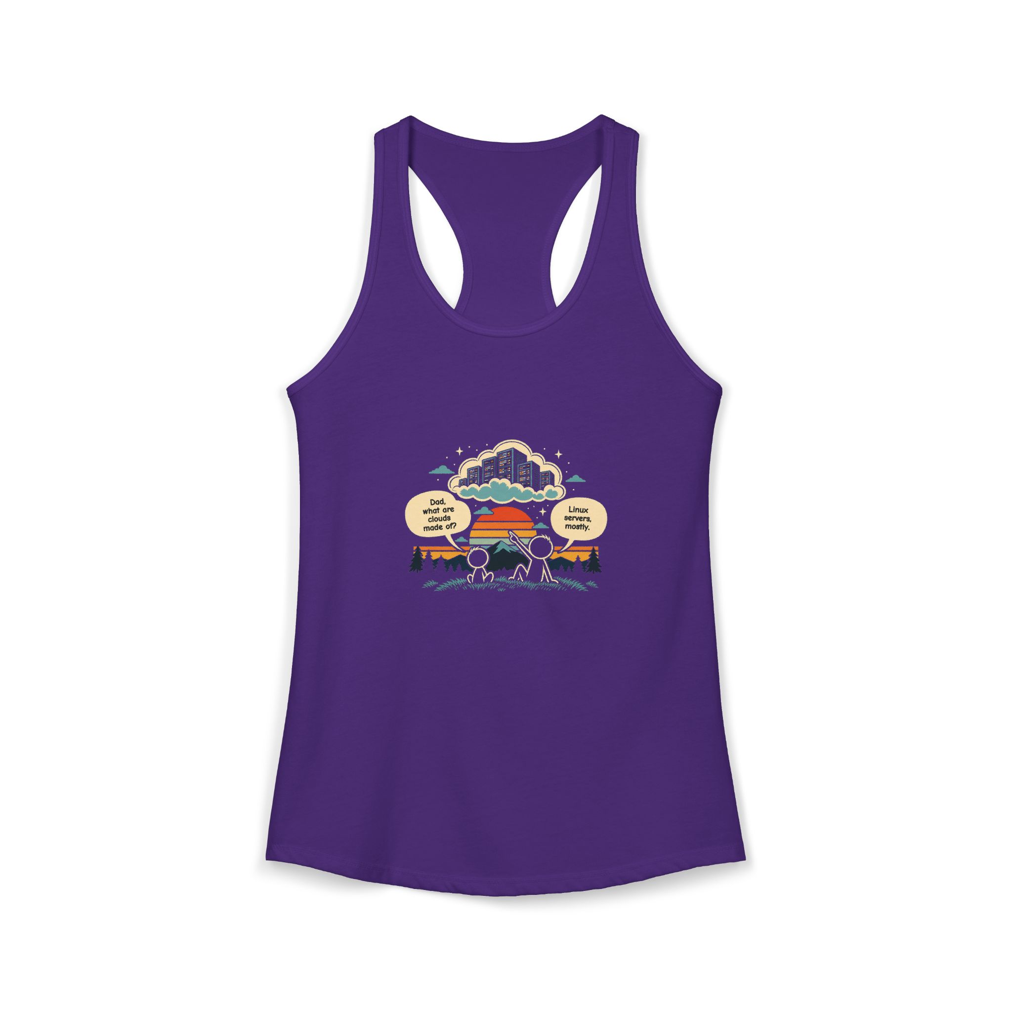 Linux Clouds women's racerback tank in Solid Purple Rush, front 2