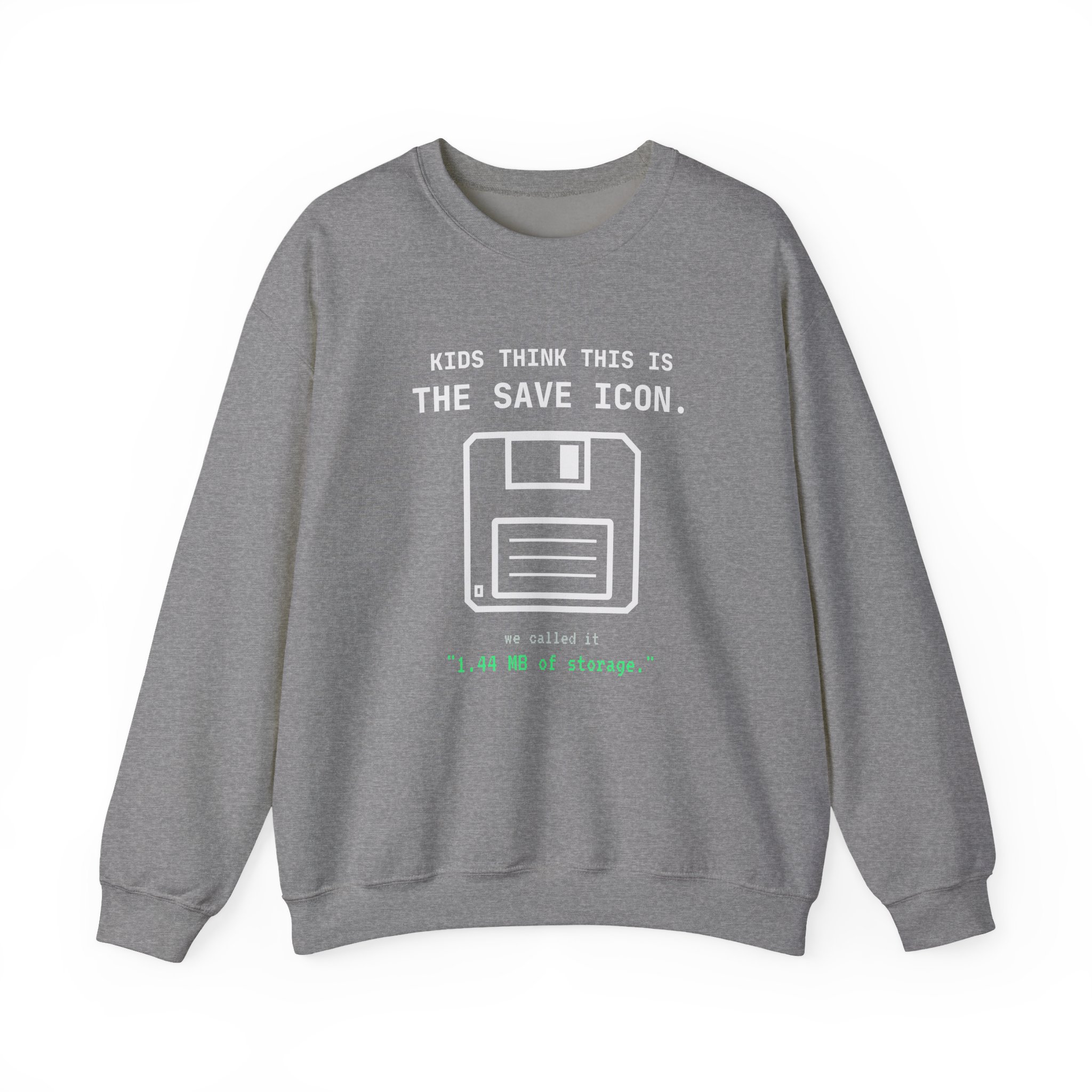The Original Save Icon crewneck sweatshirt in Graphite Heather, front view