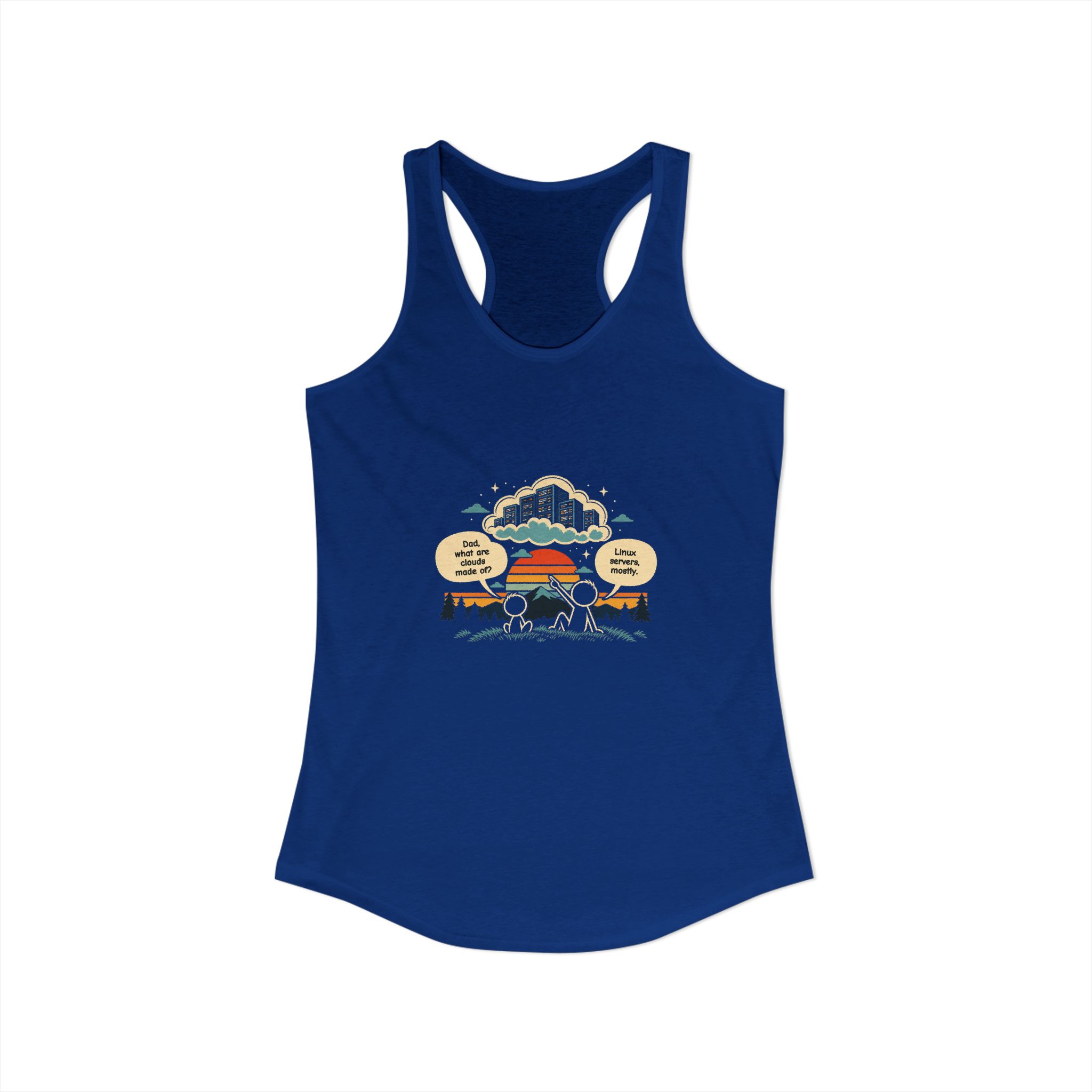 Linux Clouds women's racerback tank in Solid Royal, front view