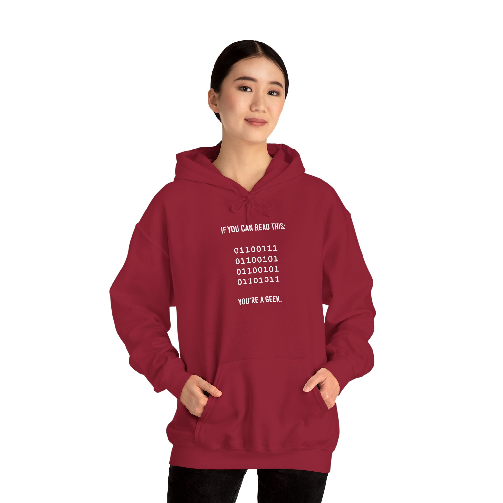 Geek Binary Code hoodie in Cardinal Red, worn by a model