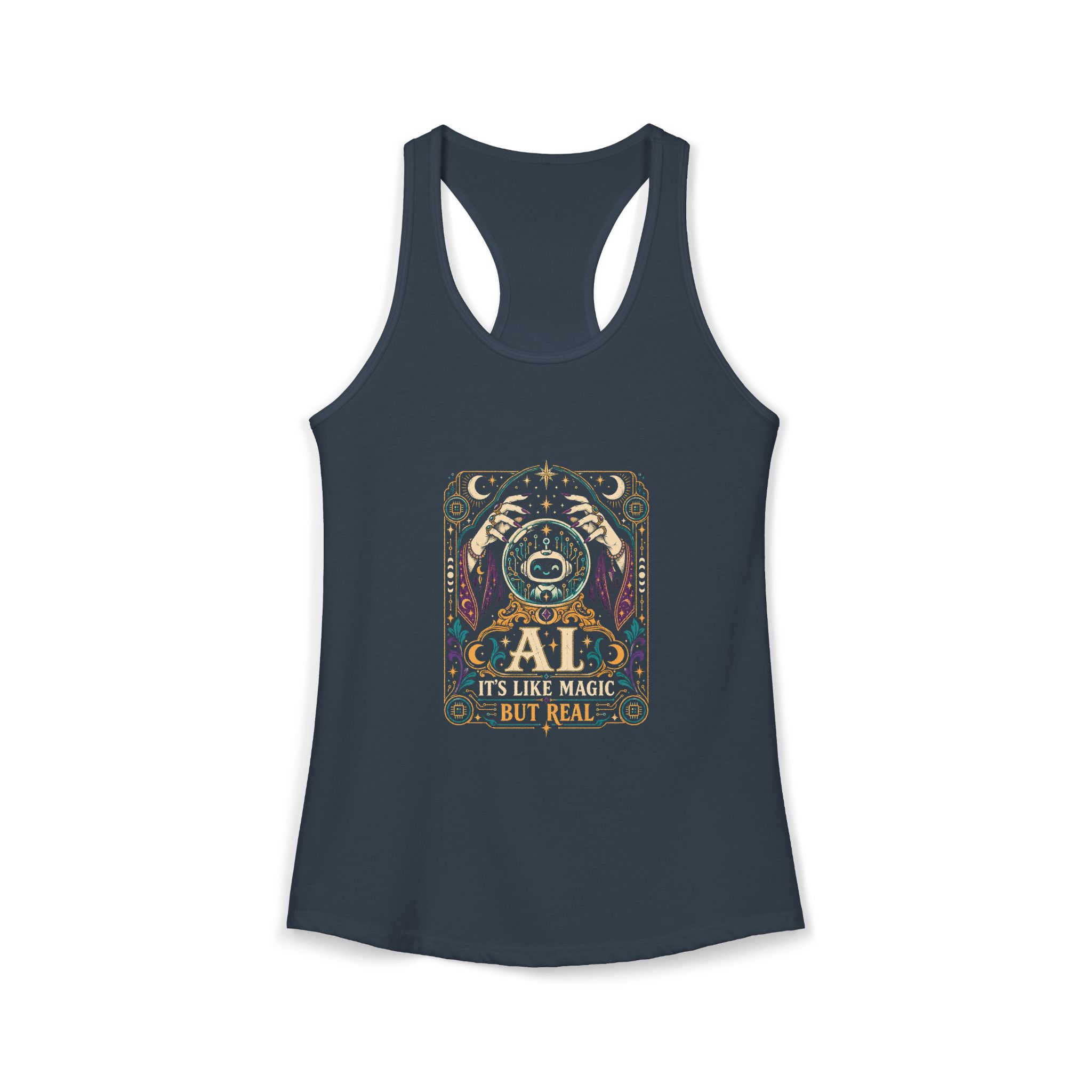 AI Magic Crystal Ball women's racerback tank in Solid Indigo, front 2