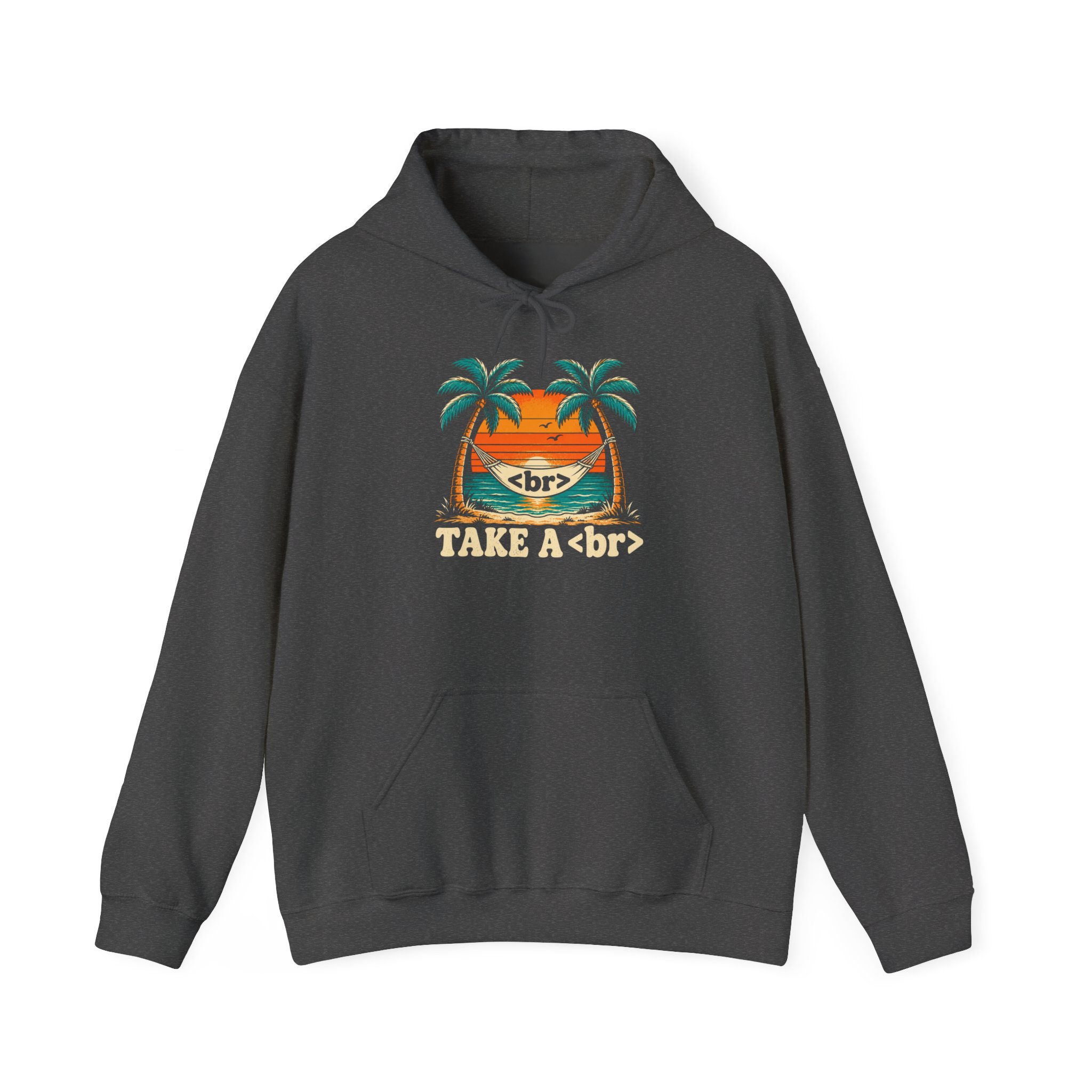 Take a Break Hammock hoodie in Dark Heather, front view