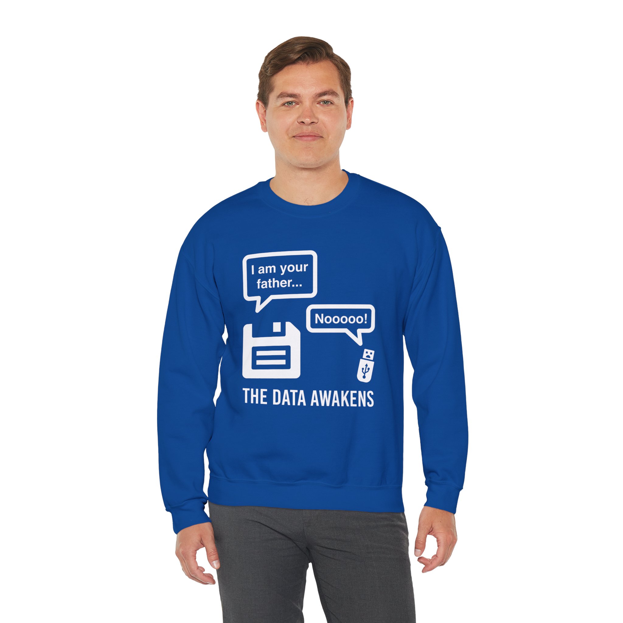 The Data Awakens crewneck sweatshirt in Royal, worn by a model, third view