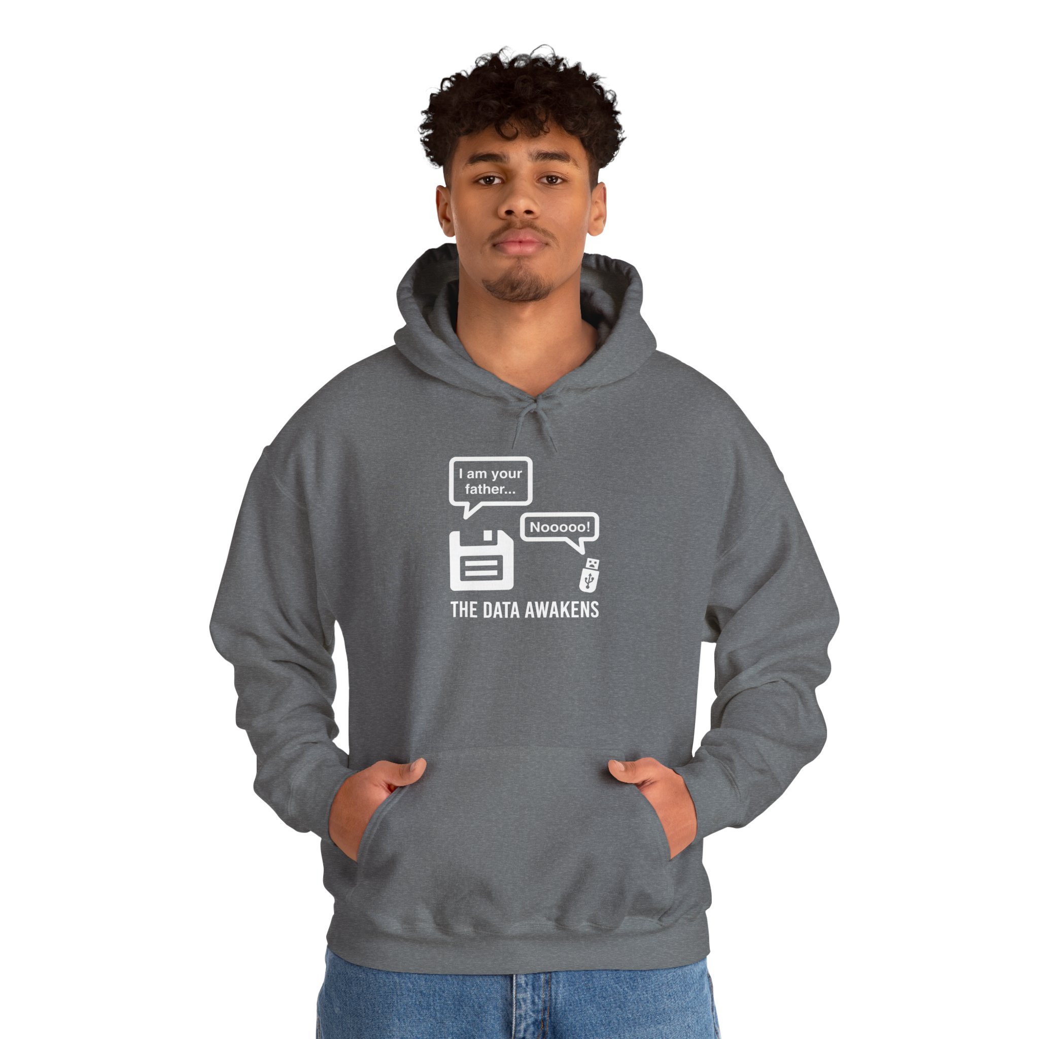 The Data Awakens hoodie in Graphite Heather, worn by a model, second view