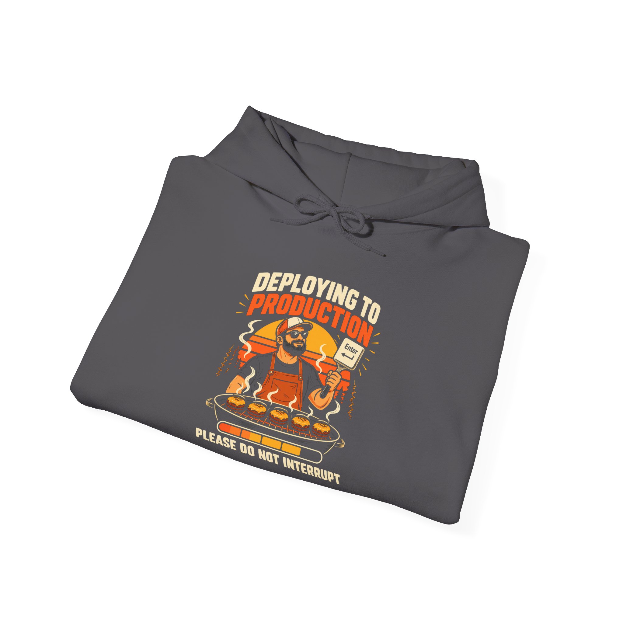 Deploying to Production hoodie in Charcoal, folded