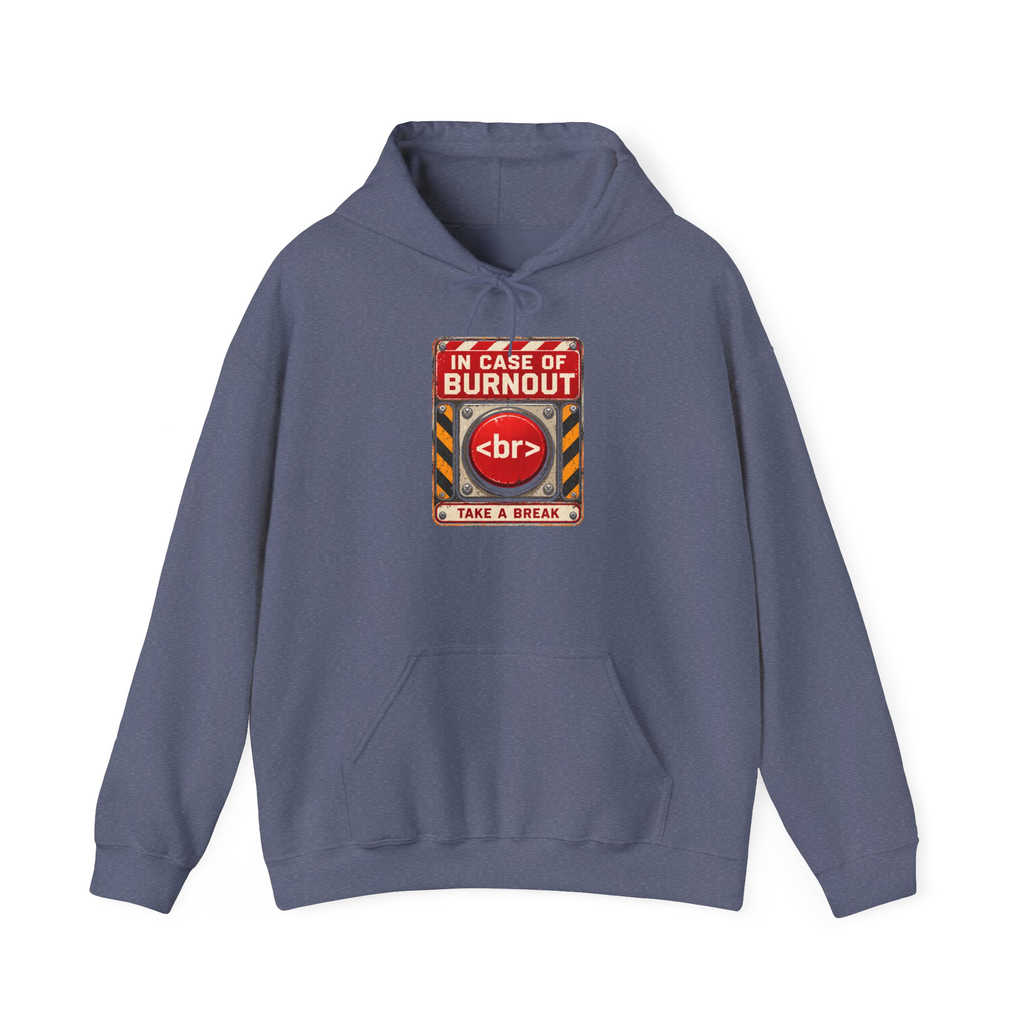 In Case of Burnout hoodie in Heather Navy, front view
