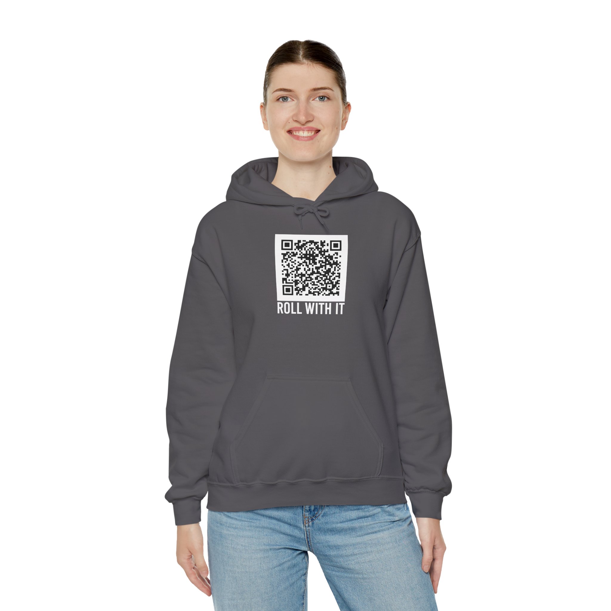 Roll With It QR Code hoodie in Charcoal, worn by a model, third view