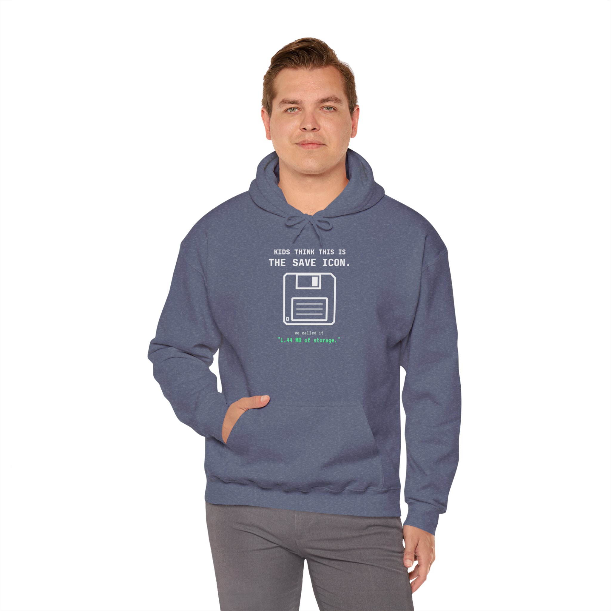 The Original Save Icon hoodie in Heather Navy, worn by a model, fourth view