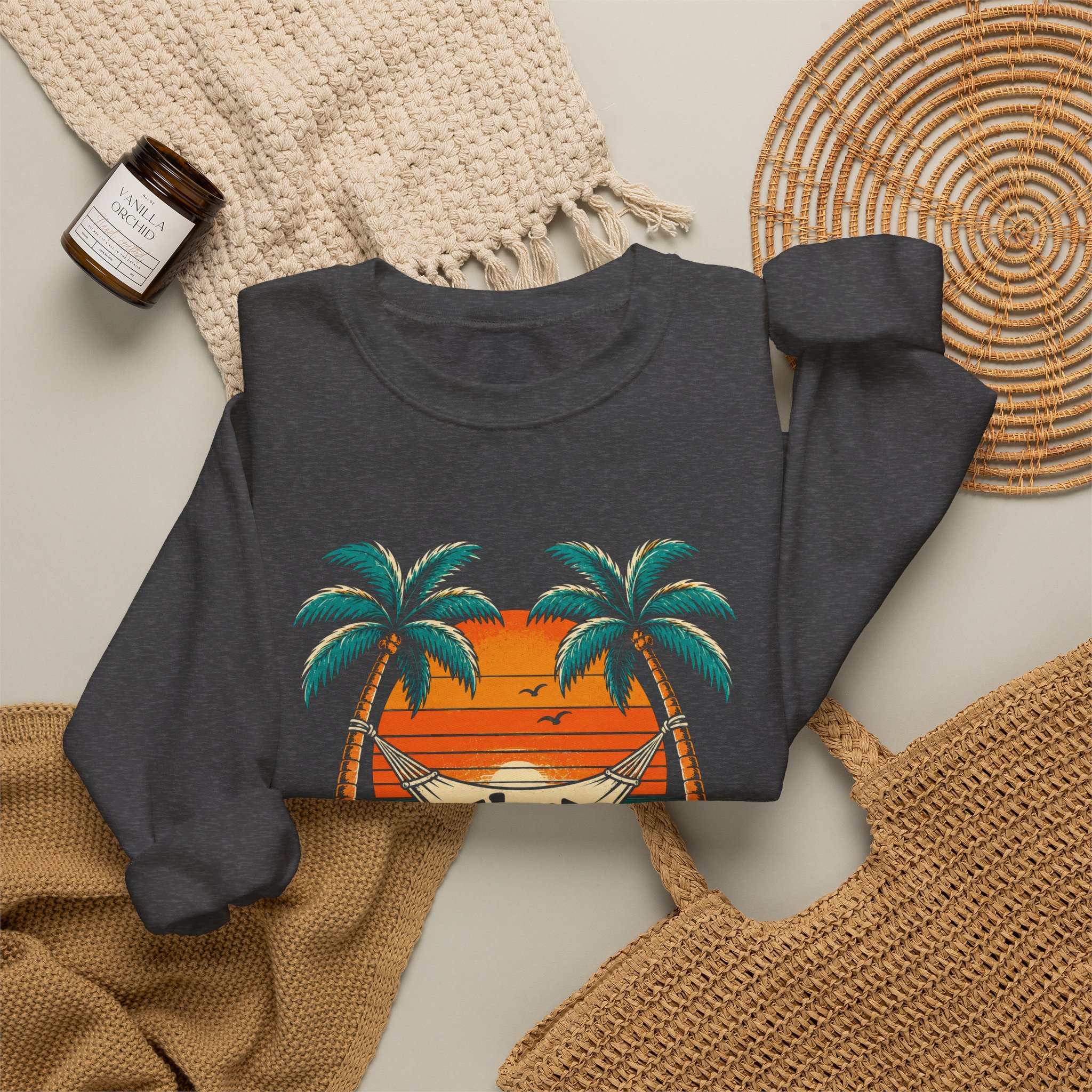 Take a Break Hammock crewneck sweatshirt in Dark Heather, folded 2