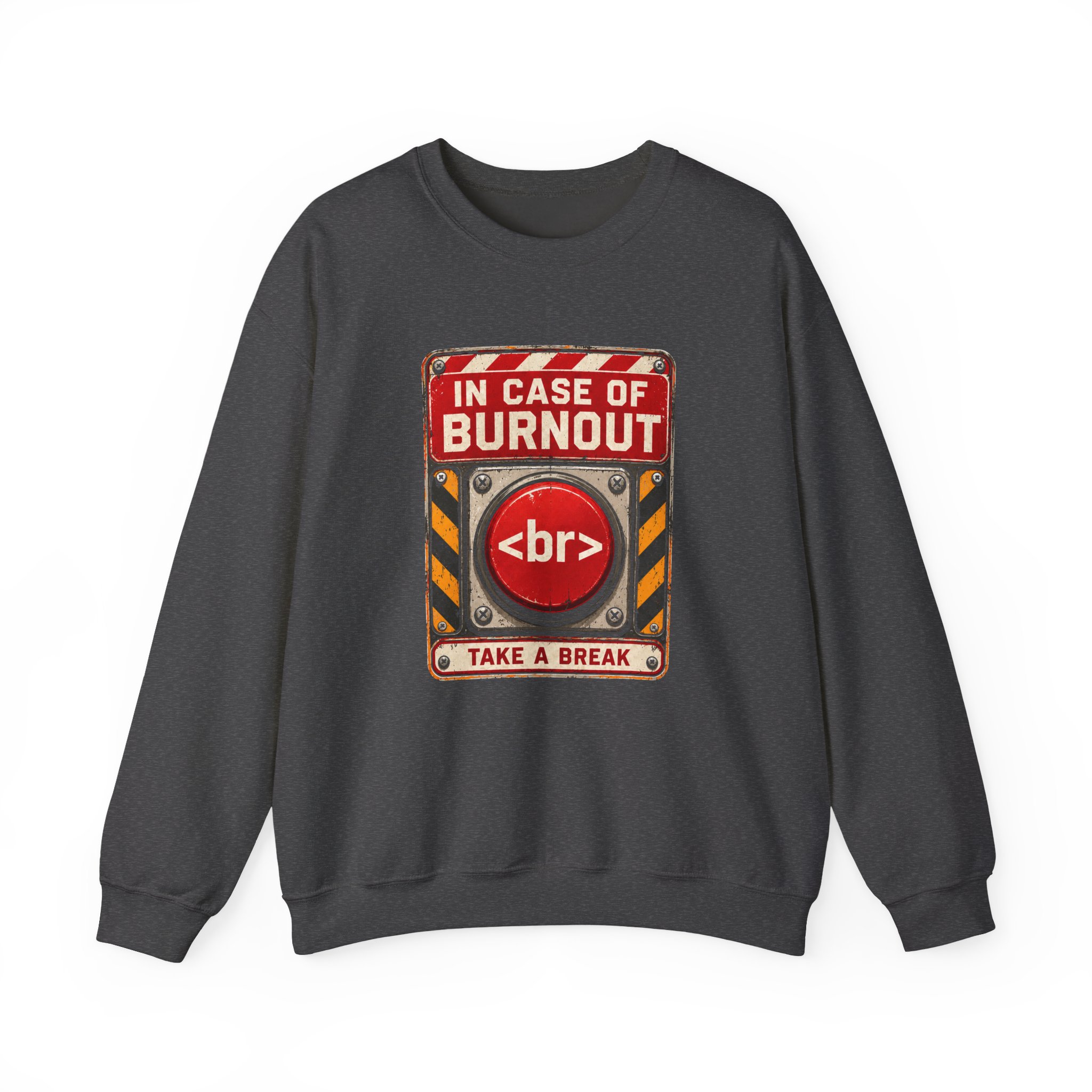 In Case of Burnout crewneck sweatshirt in Dark Heather, front view