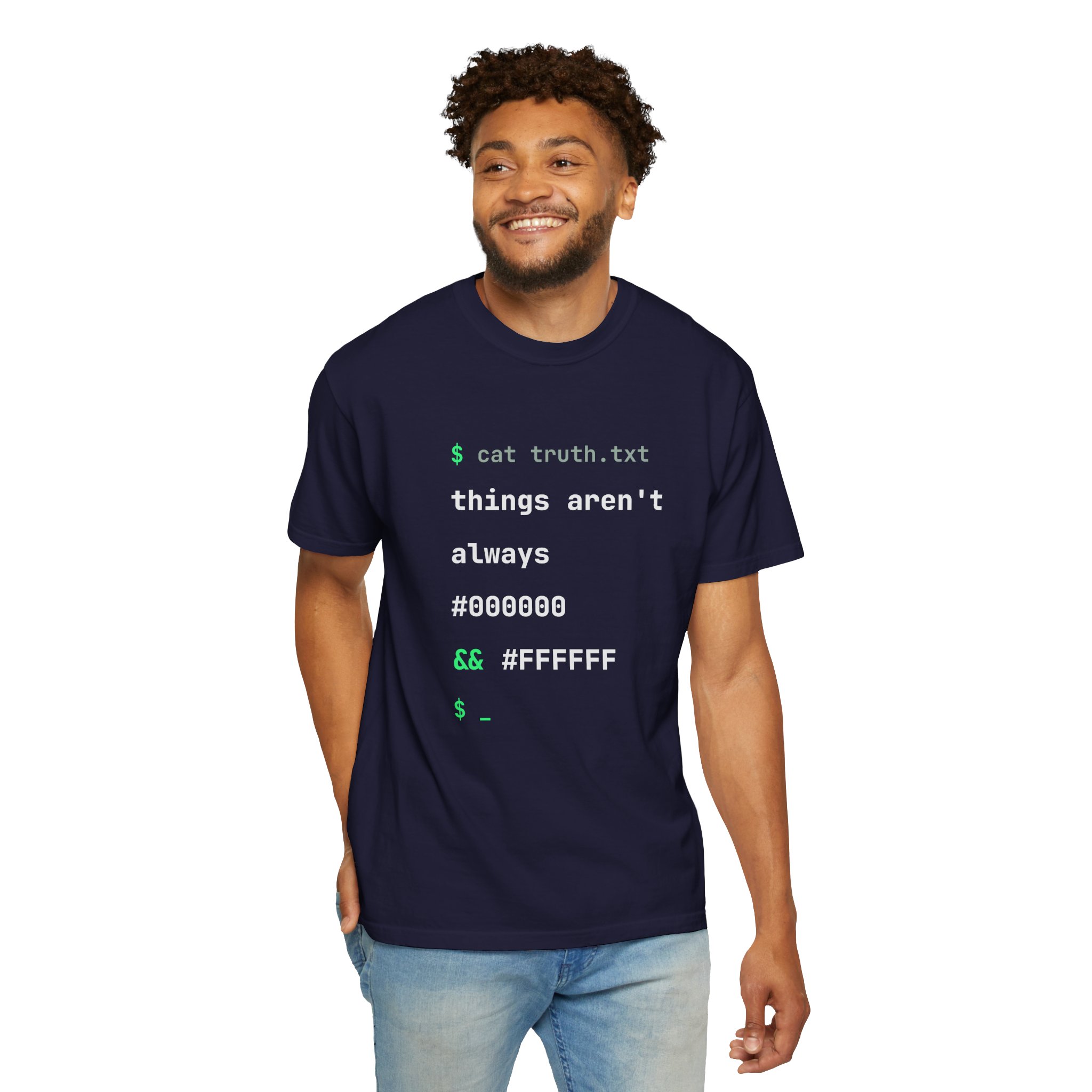 cat truth.txt T-shirt in True Navy, worn by a man, second model