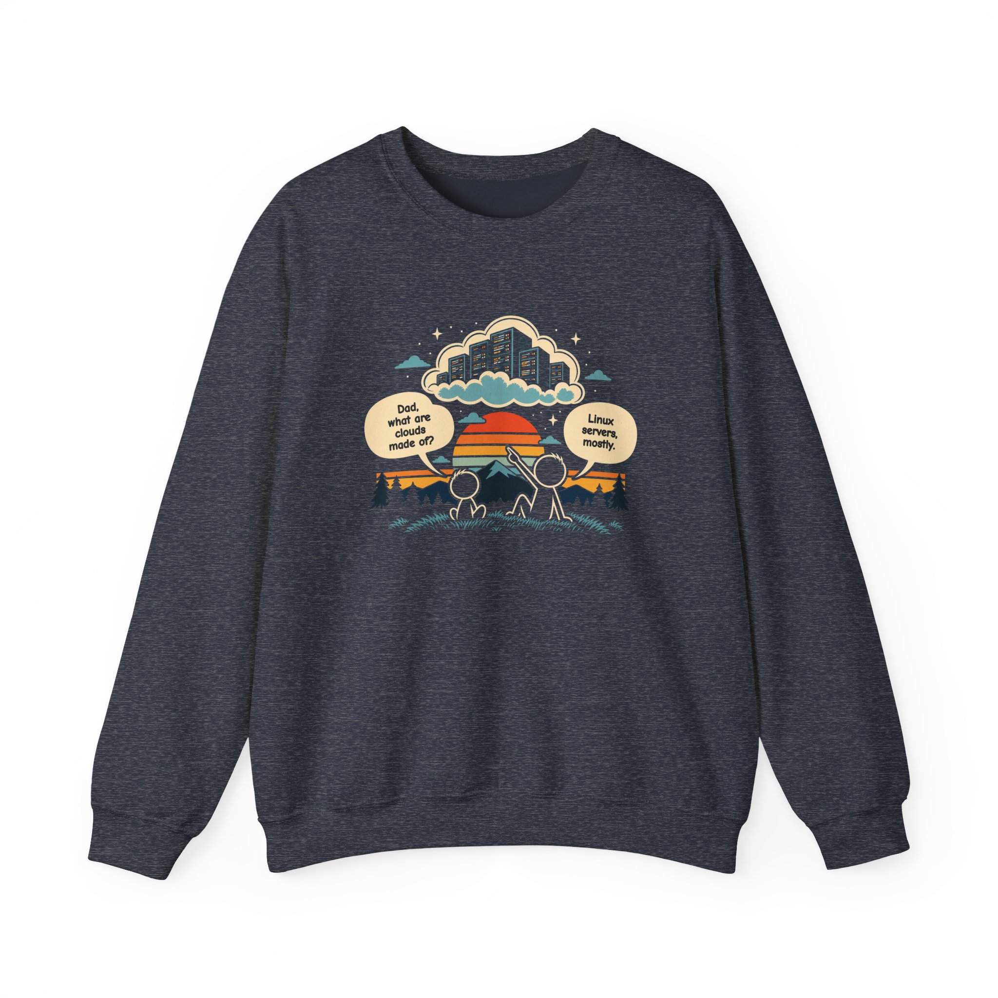 Linux Clouds crewneck sweatshirt in Heather Sport Dark Navy, front view