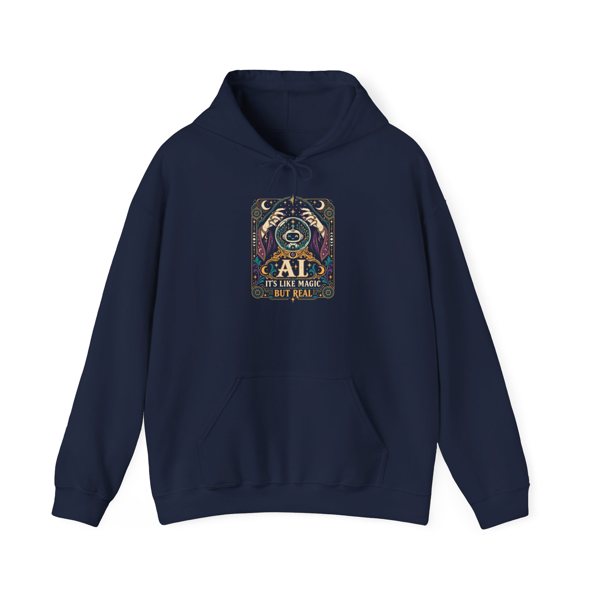 AI Magic Crystal Ball hoodie in Navy, front view