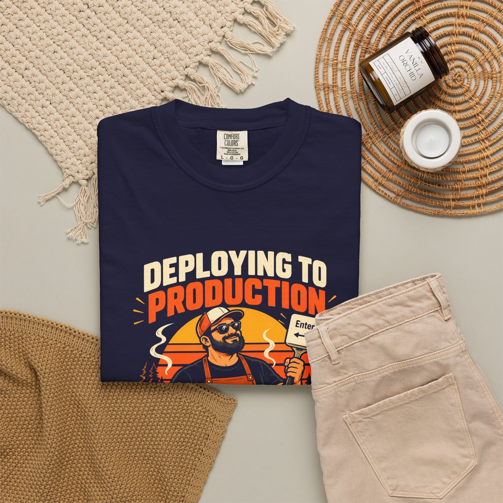 Deploying to Production T-shirt in True Navy, folded 2