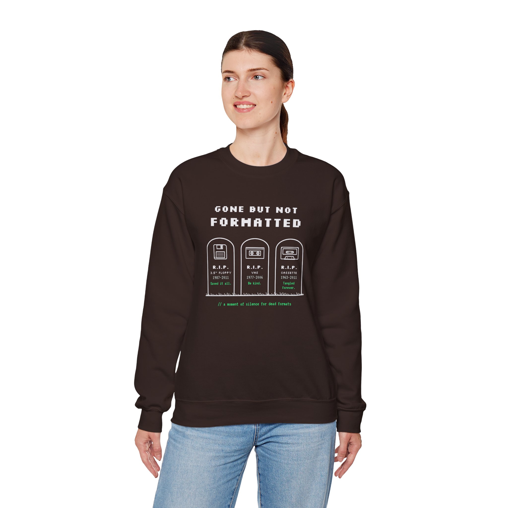Gone But Not Formatted crewneck sweatshirt in Dark Chocolate, worn by a model, fourth view