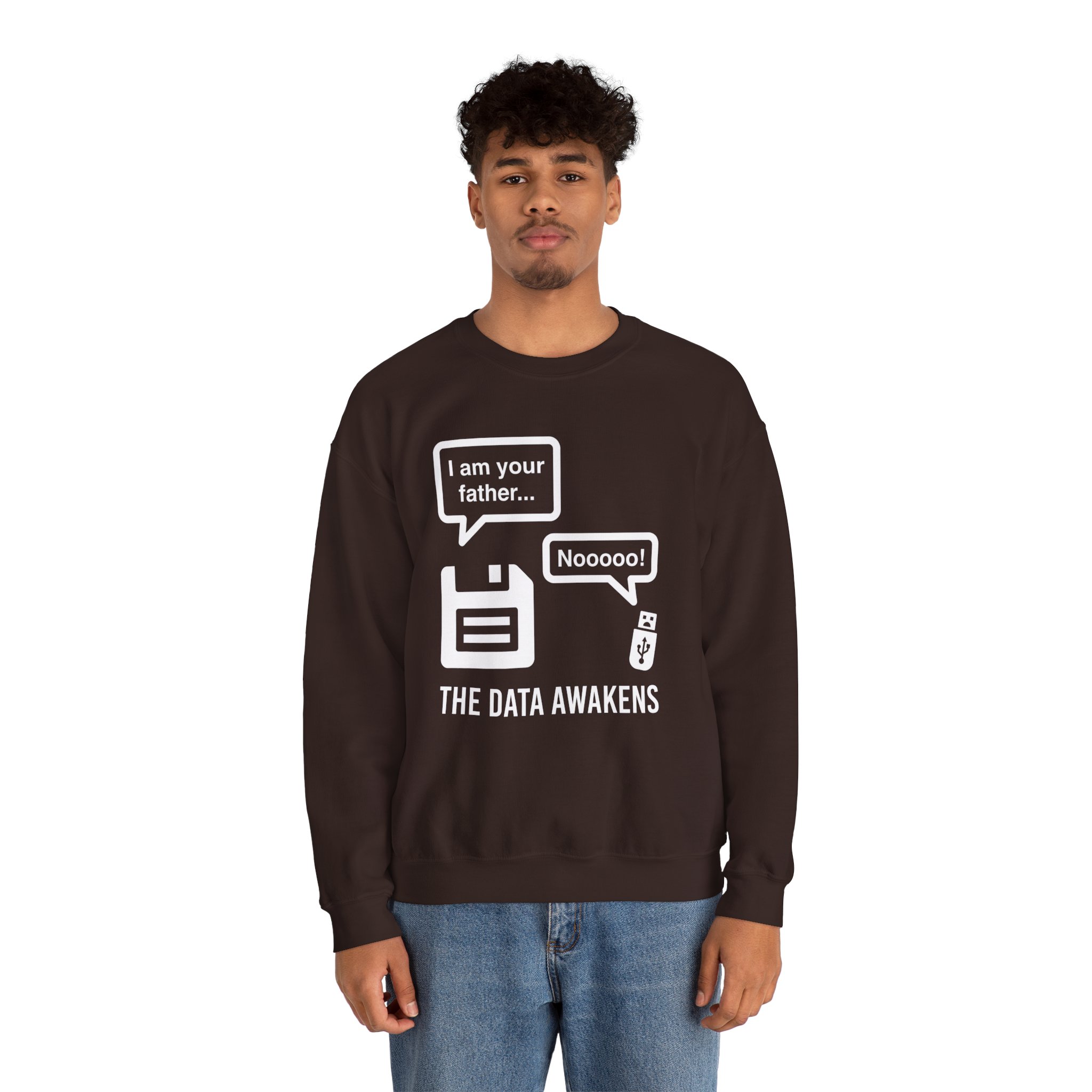 The Data Awakens crewneck sweatshirt in Dark Chocolate, worn by a model, second view