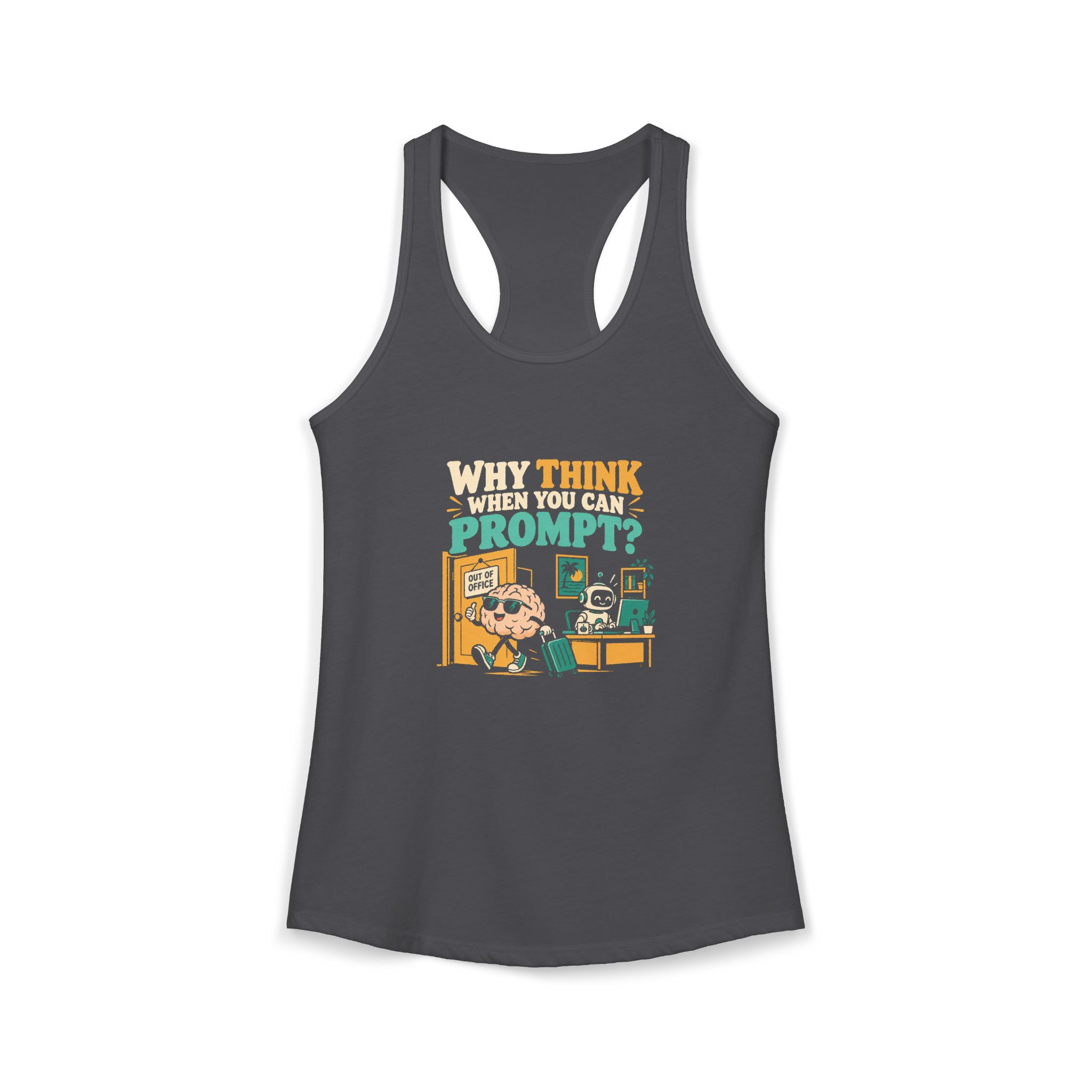 Prompt Out of Office women's racerback tank in Solid Dark Gray, front 2