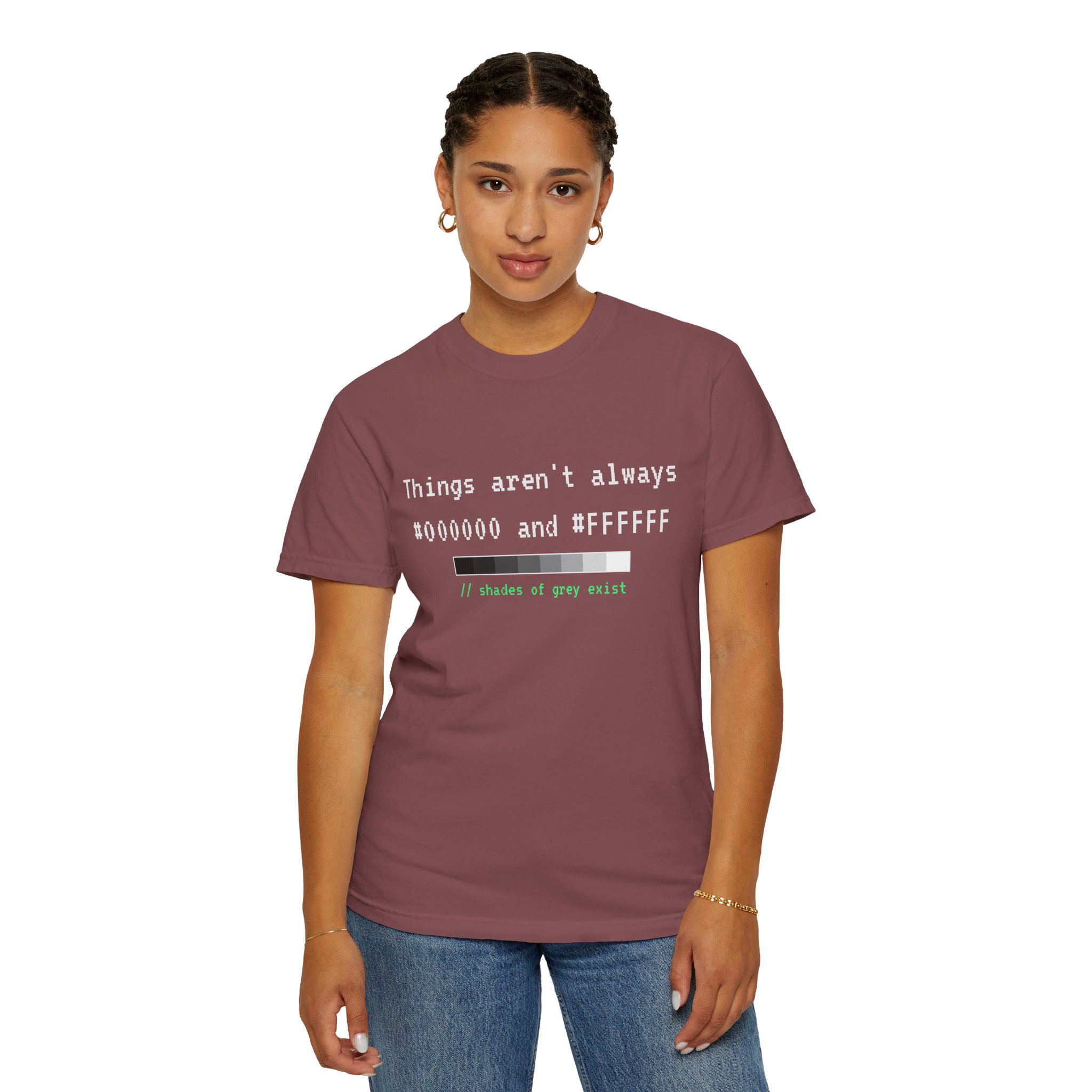 Shades of Grey Exist T-shirt in Brick, worn by a woman, second model