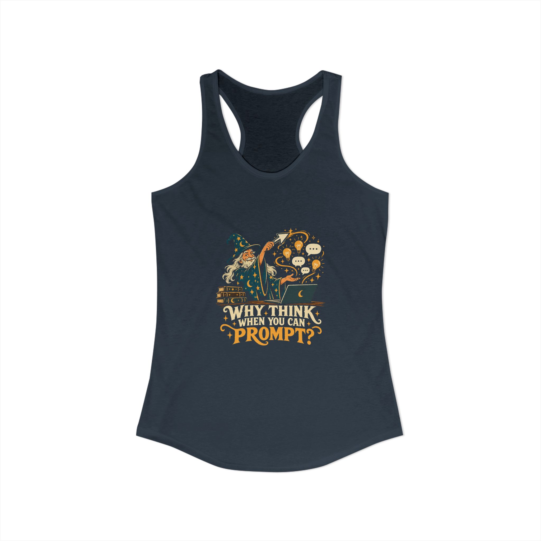 Prompt Wizard women's racerback tank in Solid Indigo, front view