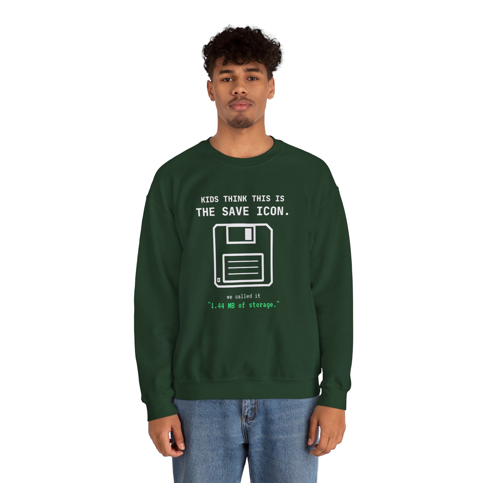 The Original Save Icon crewneck sweatshirt in Forest Green, worn by a model, second view