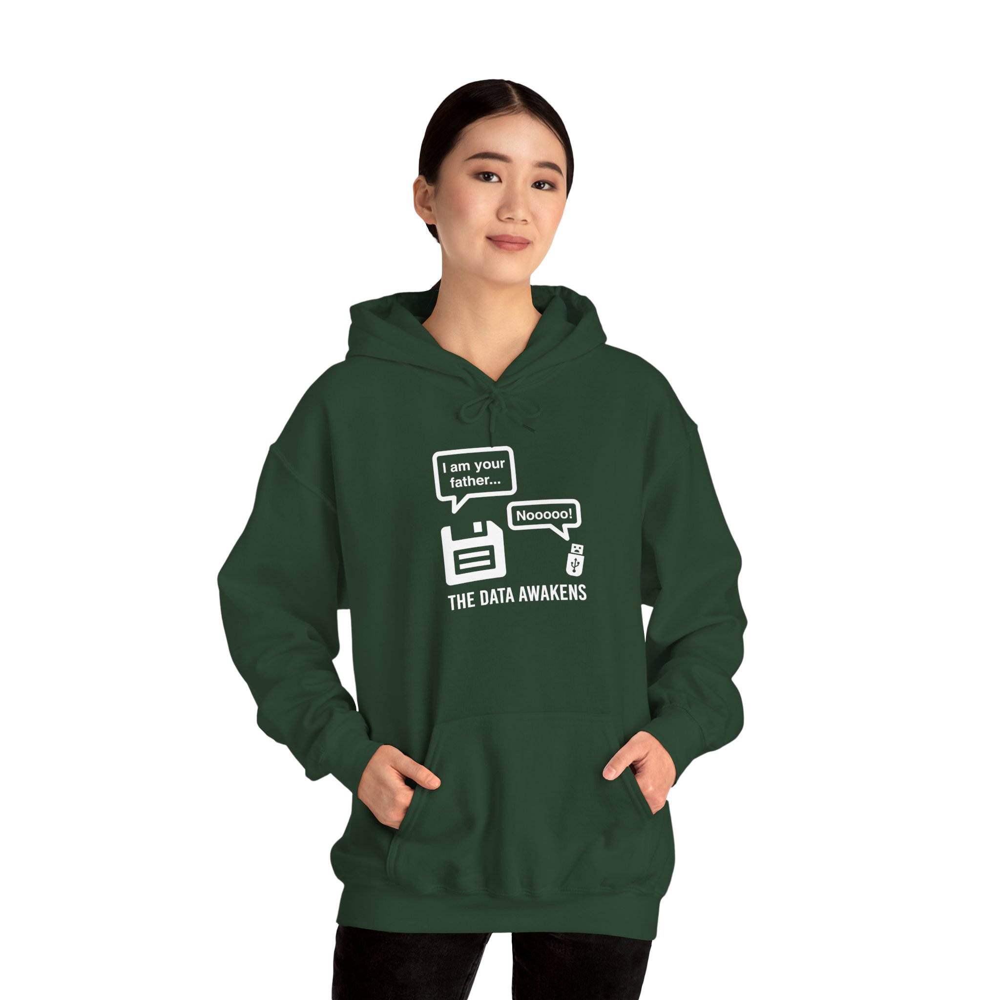 The Data Awakens hoodie in Forest Green, worn by a model
