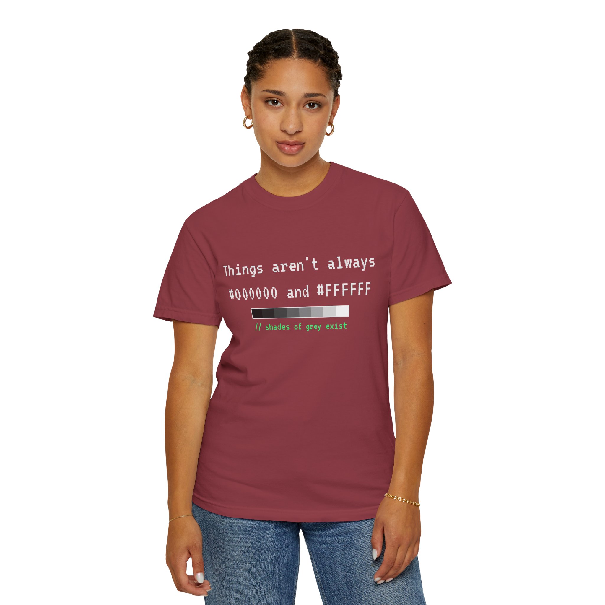 Shades of Grey Exist T-shirt in Chili, worn by a woman, second model